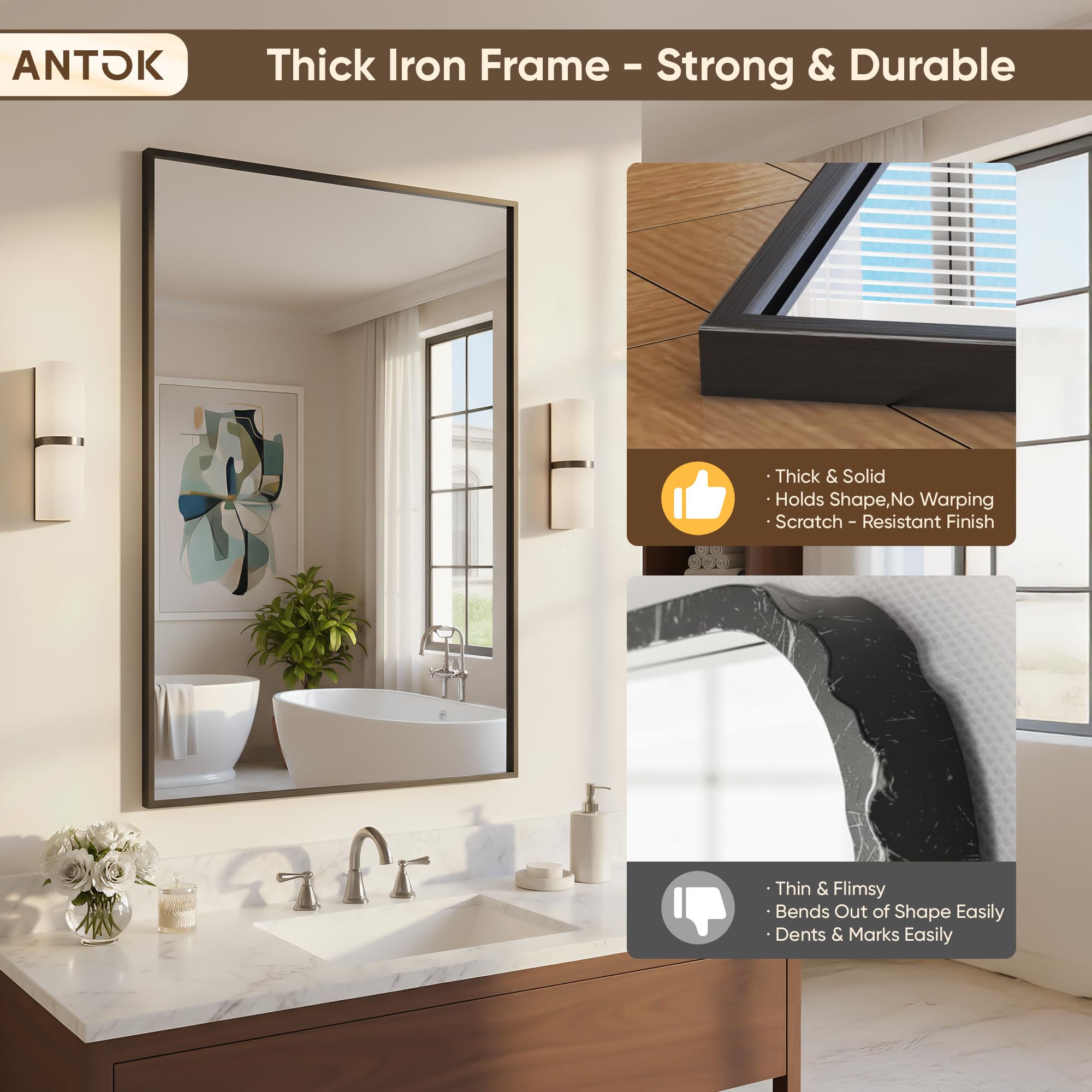 Antok 2-Pack Bathroom Mirrors, 22"x30" Double Wall Mirror, Decorative Mirrors Vanity Mirror Aluminum Alloy Frame Contemporary Hanging Mirror for Living Room Bathroom Entryway,Black