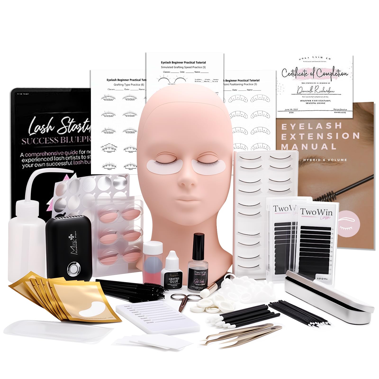 TwoWin Wimpernverlängerungs Set für Anfänger, Eyelash Extension Kit mit 4pc abnehmbaren Augenlidern, Professionelle Wimpern Mannequin Kopf Set mit Trainingskurs