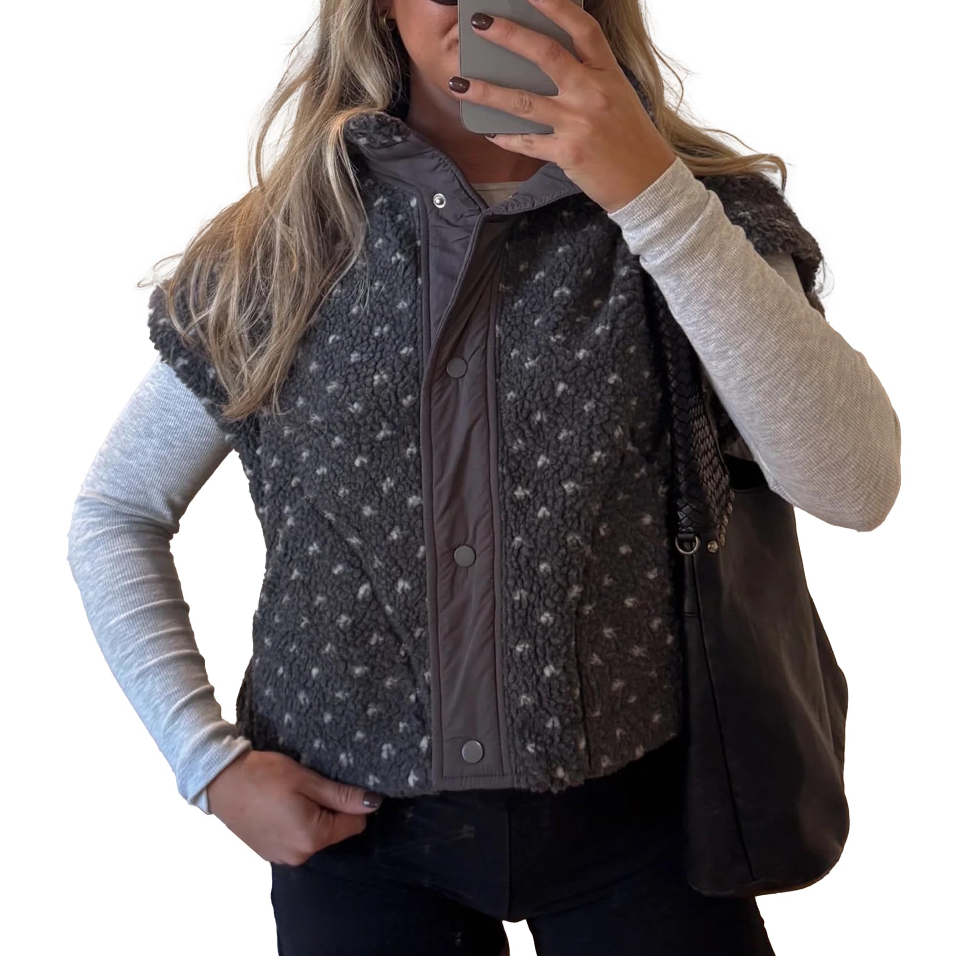 Slouchy Sherpa Vest for Women Mock Neck Cap Sleeve Polka Dot Fuzzy Fleece Vests Loose Button Down Gilet