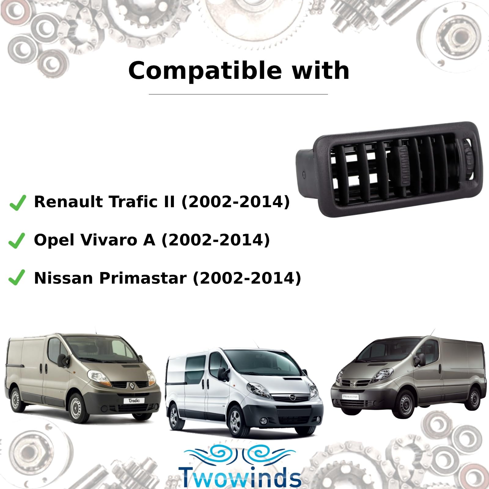 Twowinds - Rejilla de Ventilación Compatible con Renault Trafic II, Opel Vivaro A, Nissan Primastar - Aireador Salpicadero Consola Central - 7701054458 - Difusor Aire, Calefacción, Climatización