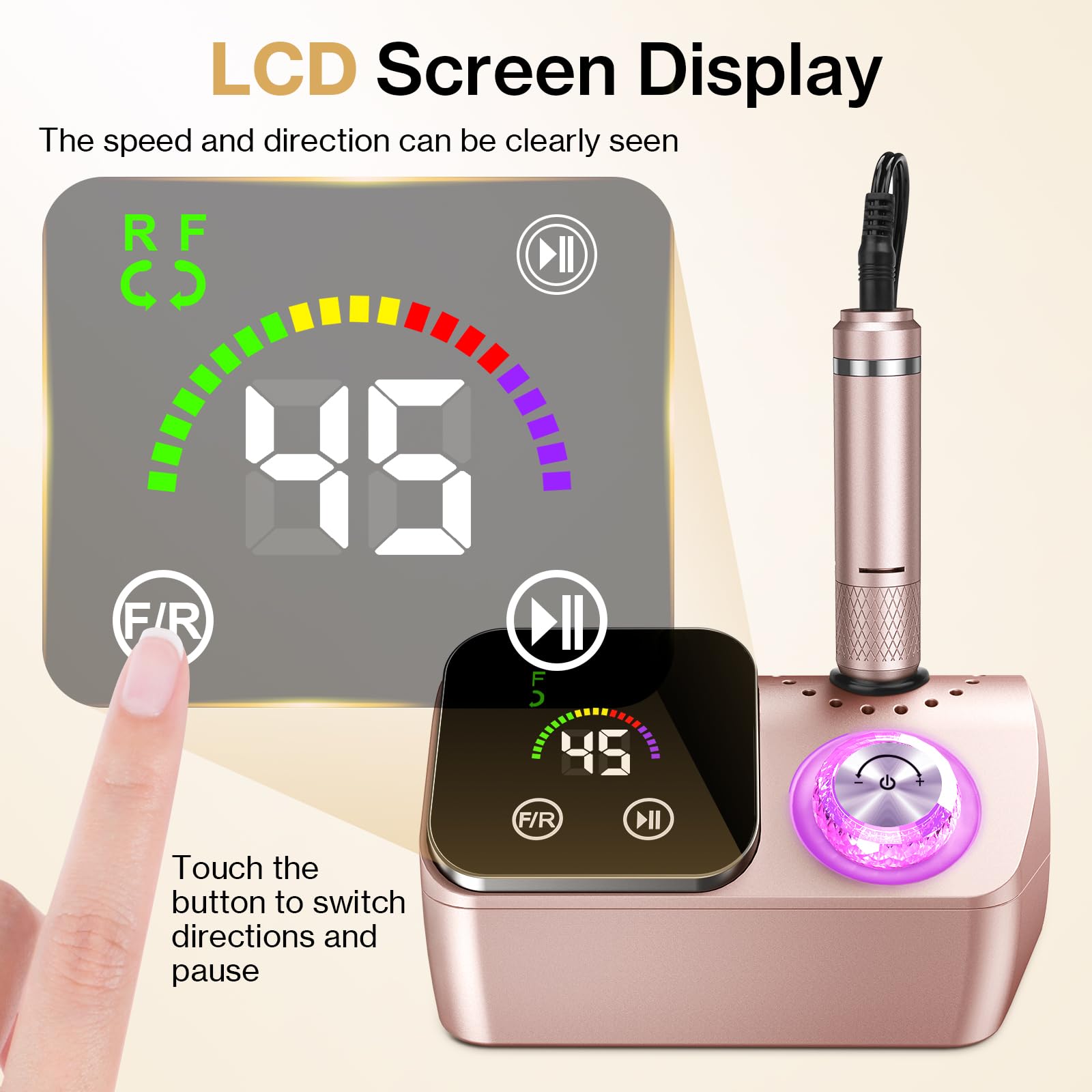 Urbuti Torno para Uñas Profesional 45000 RPM, con 12 Cabezales de Pulido, Pantalla Táctil LCD, Perilla de Cristal, Lima Portátil para Uñas Acrílicas y de Gel (Oro Rosa)