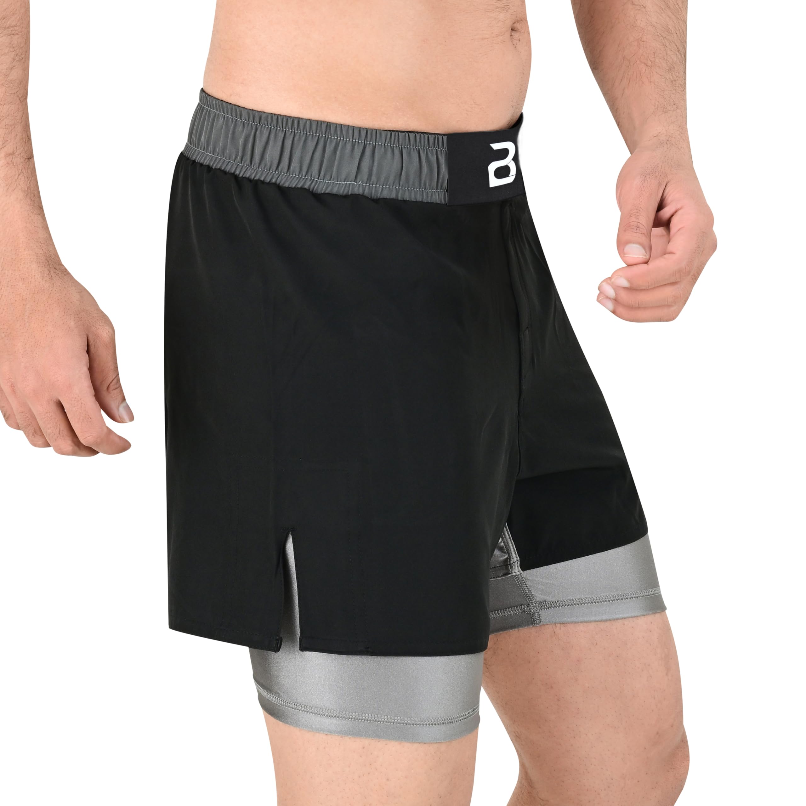 2BOLD MMA Herren-Shorts, 2-in-1, Jiu-Jitsu, integriertes Kompressionsfutter, athletisch, Fitnessstudio, Boxen, Muay Thai, BJJ, No-Gi Grappling-Shorts