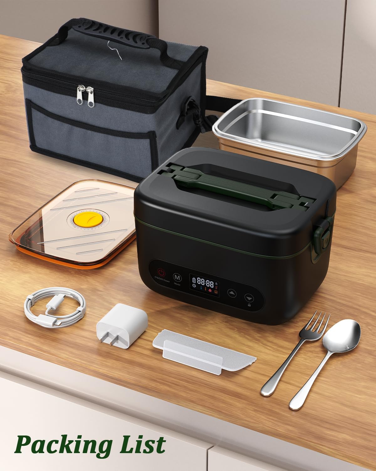 Cordless Electric Lunch Box, Battery Powered Heated Lunch Box, 1.2 Liter Food Insulated Lunchbox with Fork and Spoon Insulated Carrying Pouch for Office, Truck, Outdoors (Black+Green) - Image 8