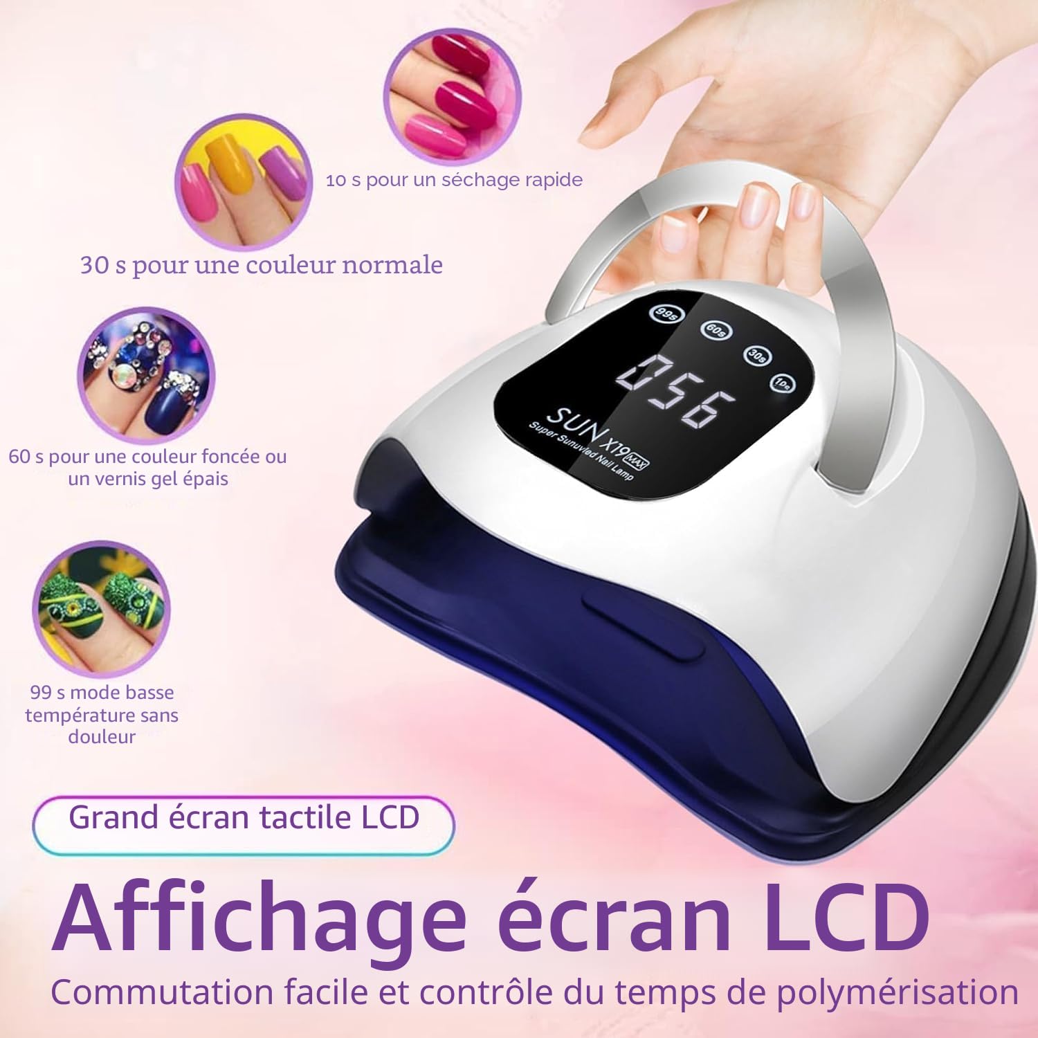 Lampe UV LED 320 W, séchage rapide des ongles avec 72 perles LED, écran tactile LCD, 4 réglages de minuterie, capteur automatique, protection haute température