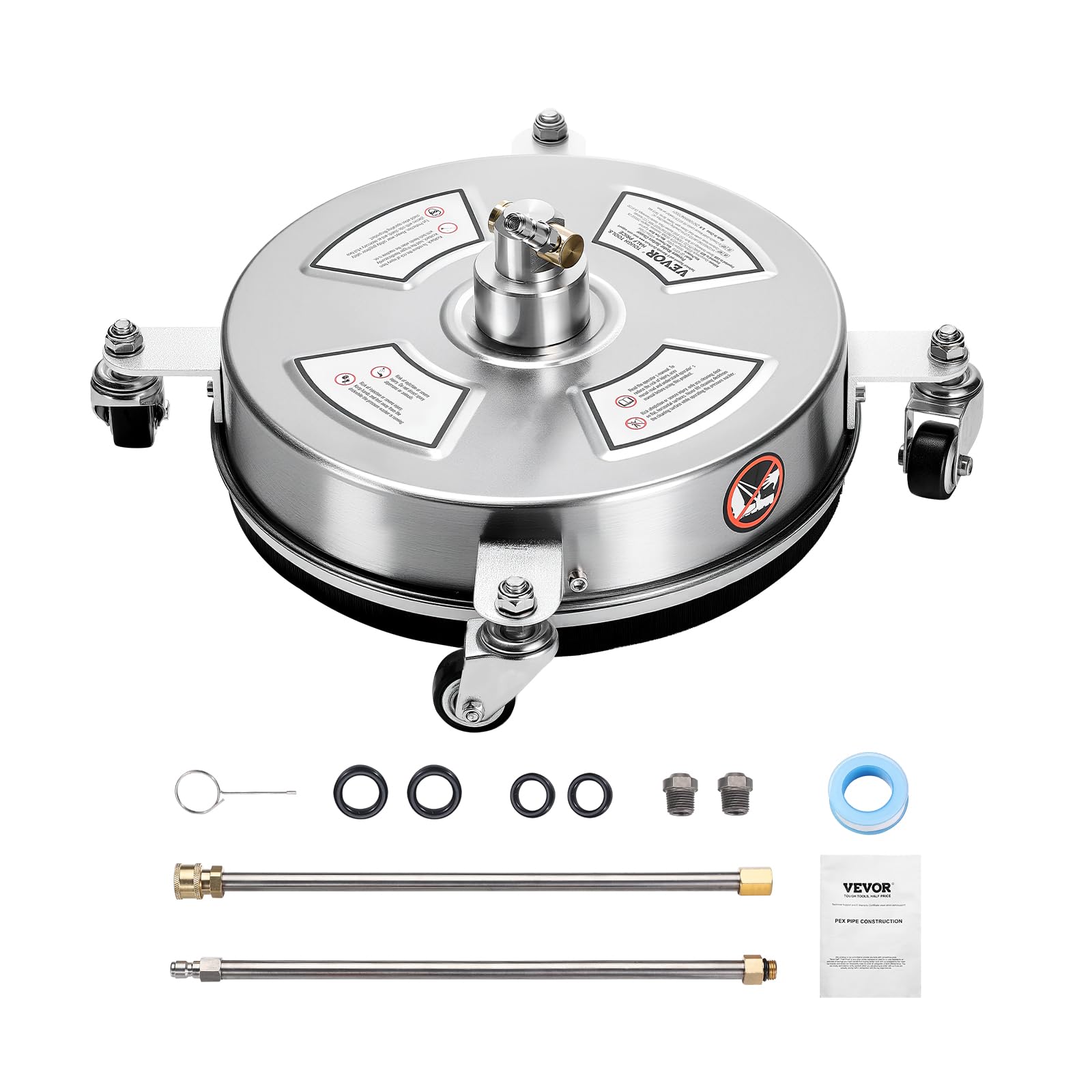 VEVOR Idropulitrice per Superfici in Acciaio Inossidabile con 4 Ruote, 275,8 Bar Max, Connettore Rapido da 1/4, 2 Ugelli a Spruzzo, 2 Lance Estese, per Cemento, Patio, Marciapiede 355,6 mm