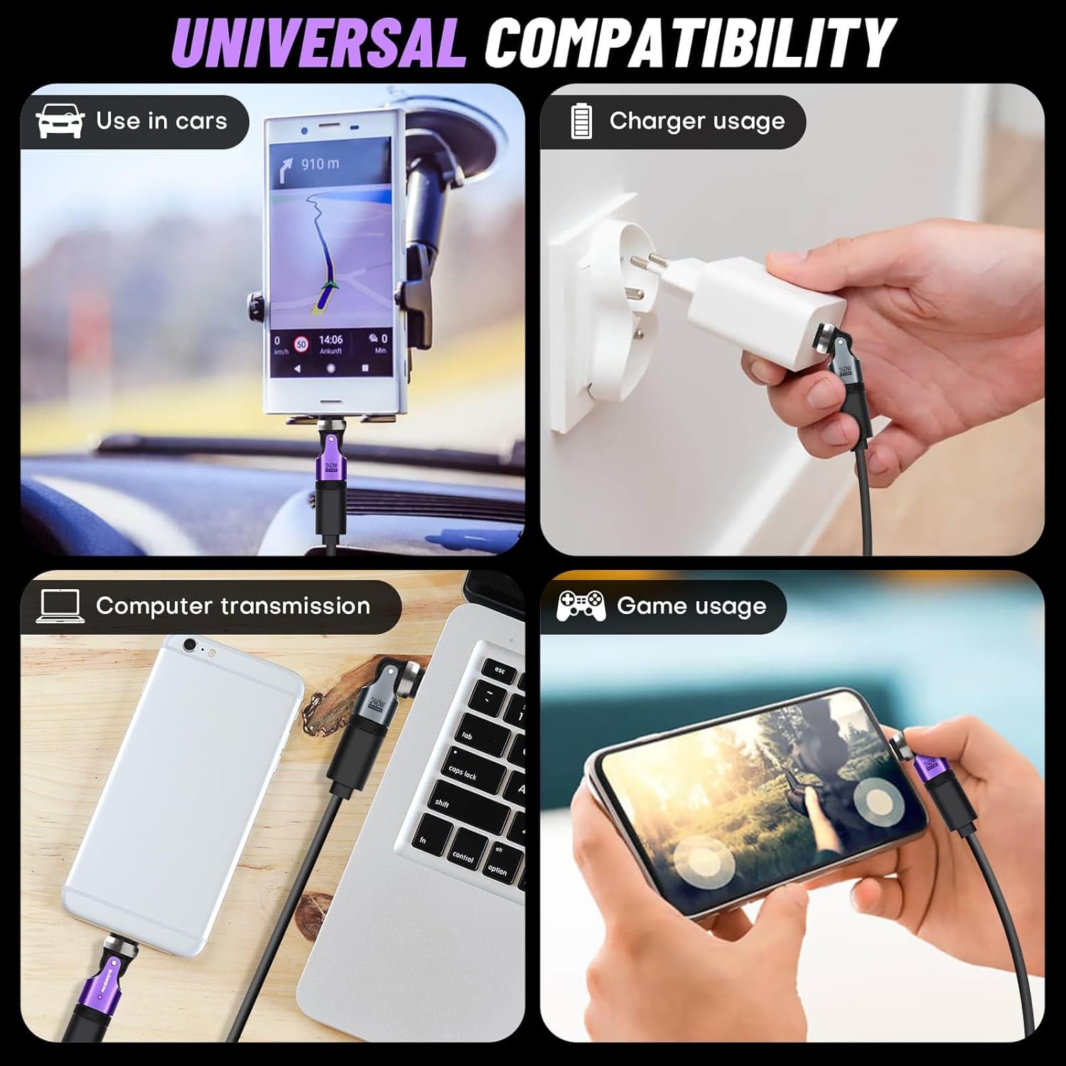 USB Adapter Type C to C 2 Pack 180° & 360° Rotation PD 240W USB2.0 480Mbps Phone OTG Port Fast Charge Extender with LED Indicator (Black) - Image 7