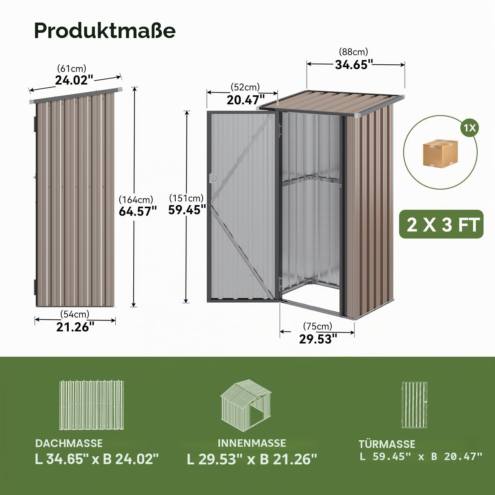 Aoxun Metall Gerätehaus 88x61x164cm Geräteschuppen mit Pultdach abschließbarer Tür Dunkelgrau Braun
