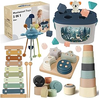 Almaxi Baby Toy from 6 Months, 5-in-1 Montessori Toy Baby, Motor Skills Toy with Shape Sorting and Stacking Toy, Xylophone, Silicone Pull Cord Toy, Stacking Cup, Gift Boy Girl