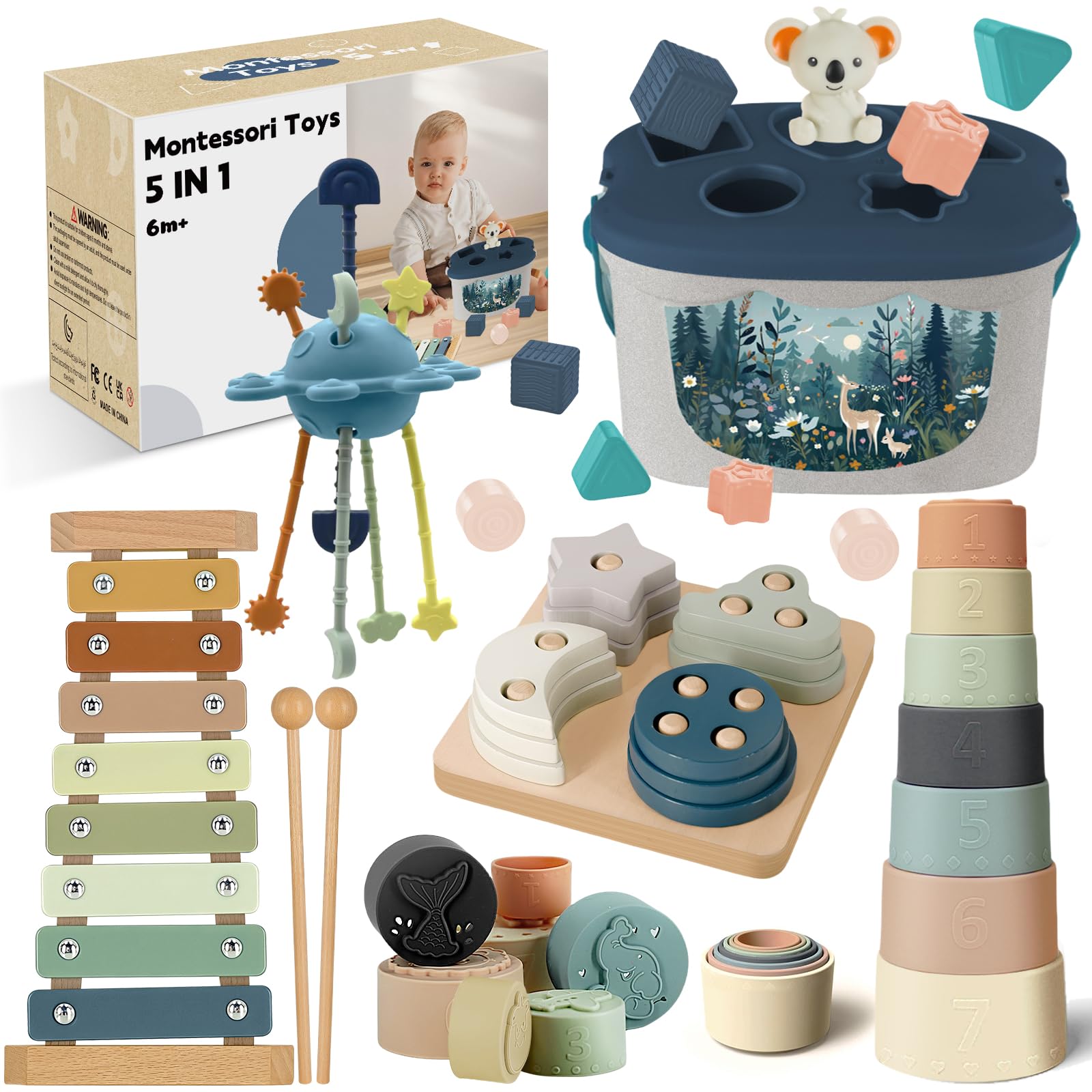 Baby Toys 6 to 12 Months, 5 in 1 Montessori Toys for Babies 6-12 Months, Sensory Toys with Shape Sorting & Stacking, Xylophone, Silicone Pull String Toy, Stacking Cups, 6 8 9 Month Old Baby Toys Gift