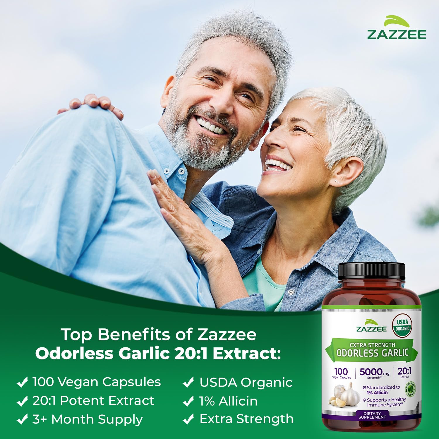 Zazzee USDA Organic Odorless Garlic 20:1 Extract, 1% Allicin, 100 Capsules — Amazon image 4