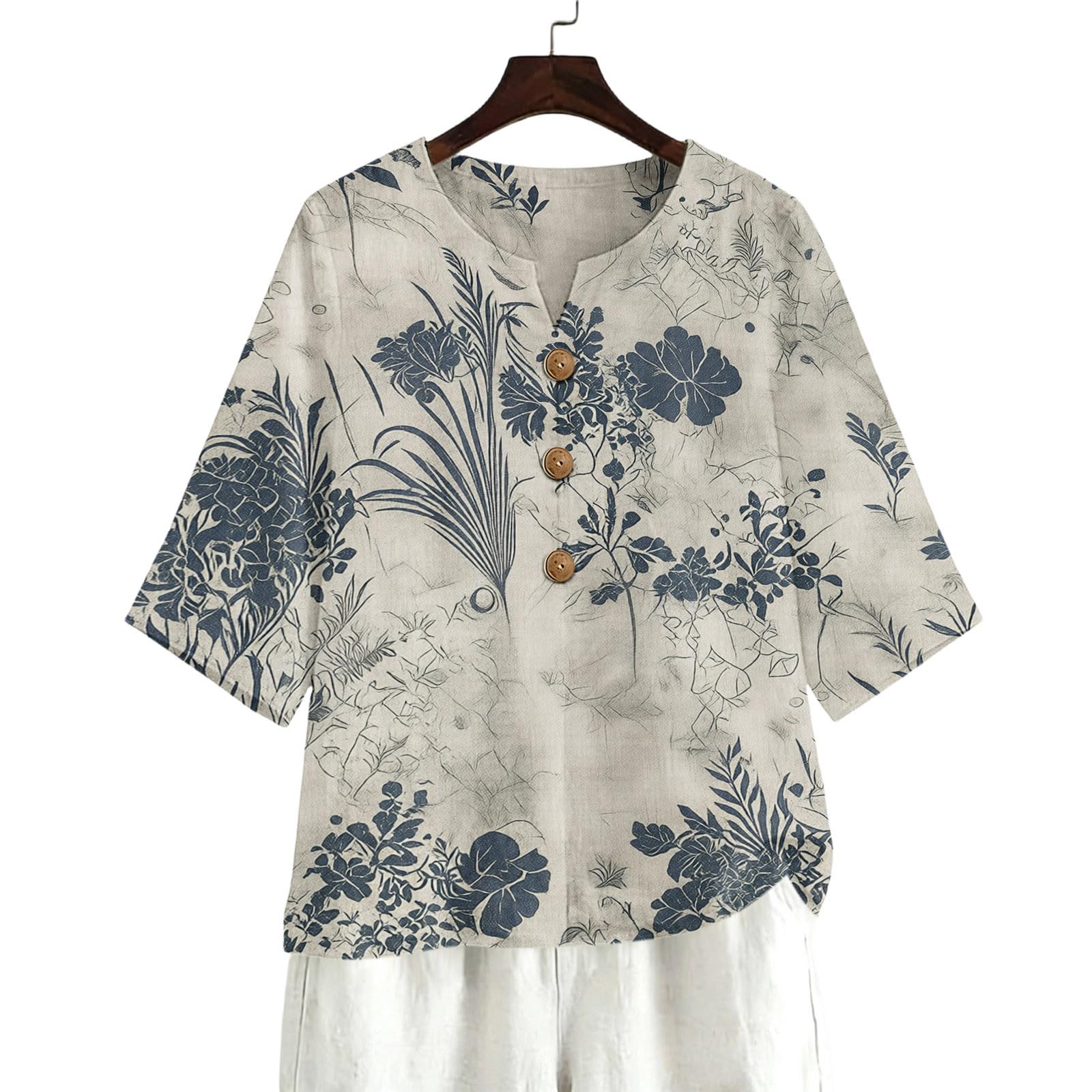 Bluse Damen Elegant V-Ausschnitt Oberteile 3/4 Arm Sommer T-Shirt Einfarbig Knopfleiste Leinenblusen Retro Lässig Locker Blusenshirt Basic Tunika Shirt Urlaub Leicht Hemdbluse Druck Top