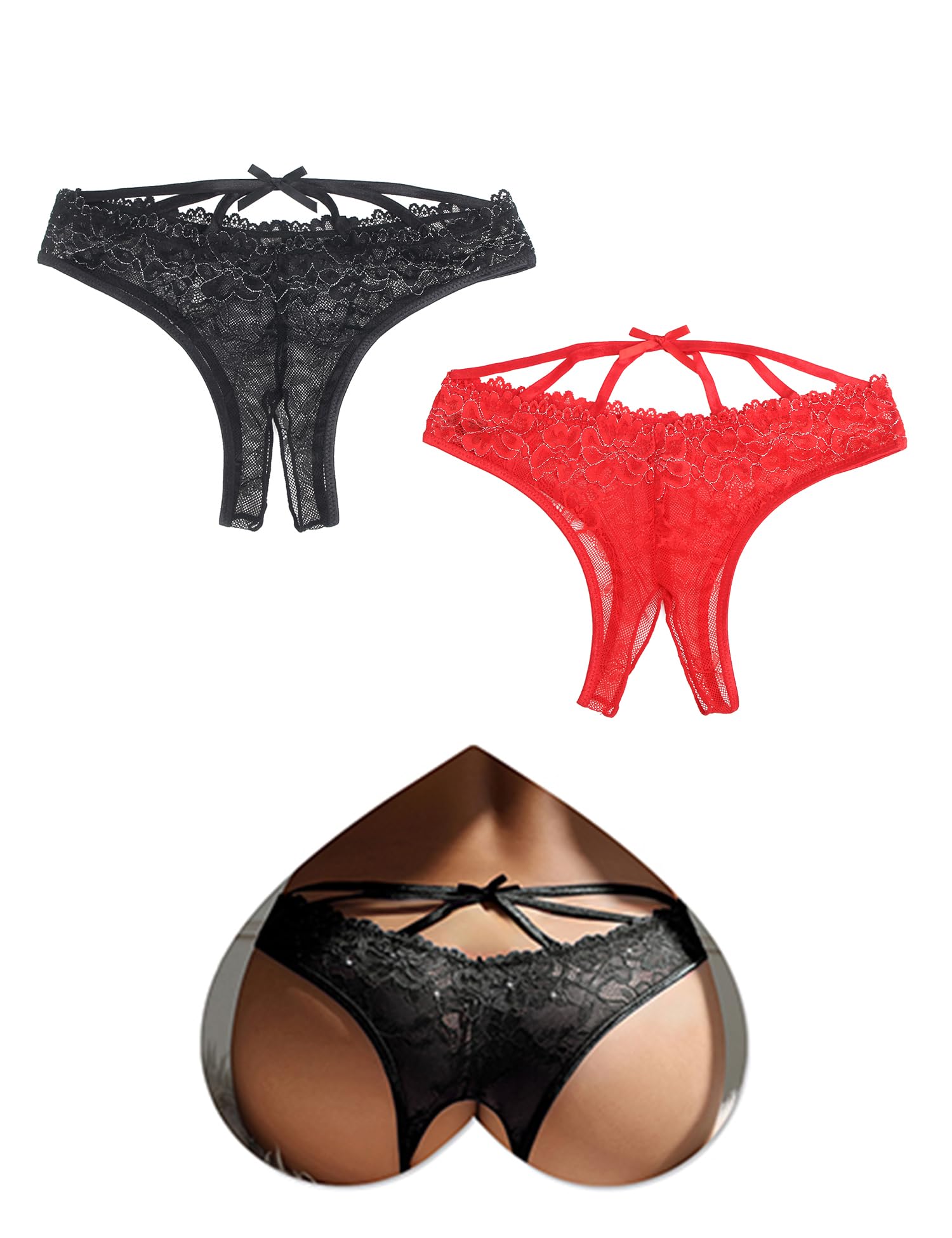 ohmydear Sexy Open Thong Women's Sexy Chic Lace Briefs Plus Size Transparent 1/2 Piece Lingerie Outfit Warm Underwear - M - 2 Black+Red