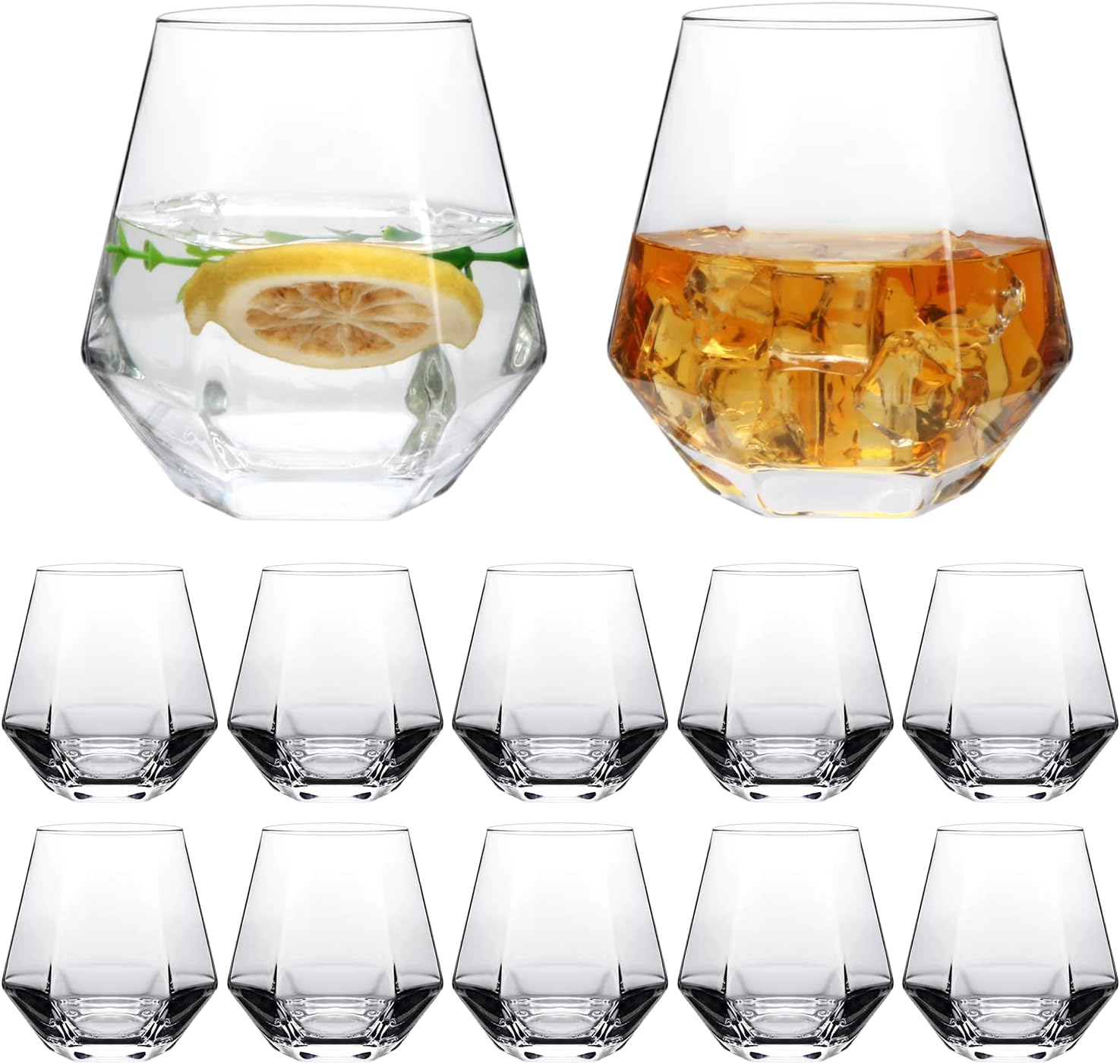 Diamond Wine Glasses,Stemless Red Wine Glass Cups Set of 12,Geometric Clear 10 OZ Glassware White Wine Glass Tumblers for Cocktail,Bourbon,Whiskey,Birthday,Party