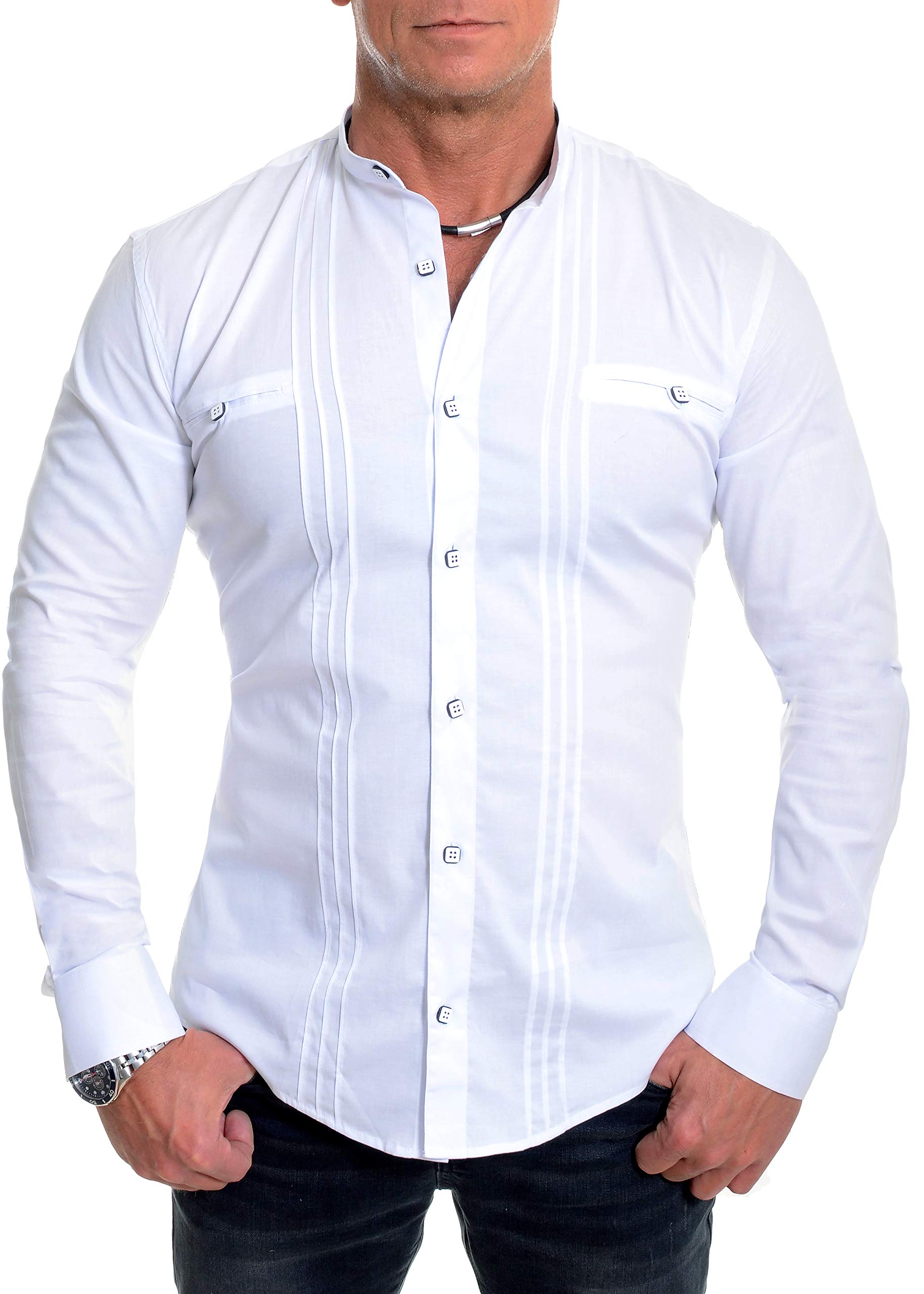 D&R FashionMen's Grandad Collar Shirt Contrastive Square Buttons Long Sleeve Cotton