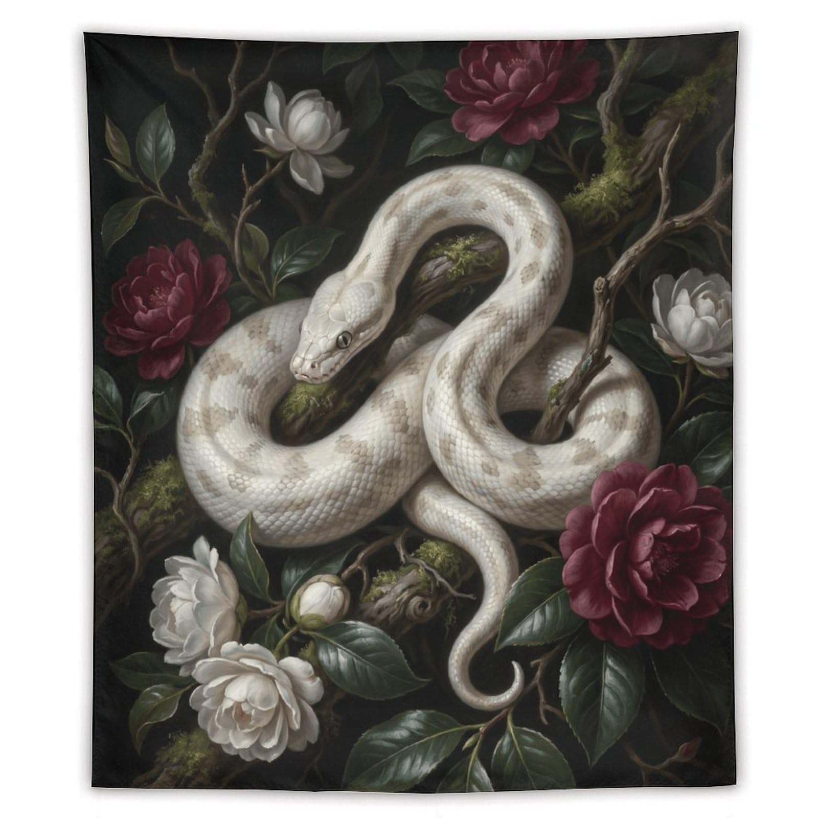 H3B8U2Y5 White Snake White Roses Wall Tapestry, Realistic Illustration