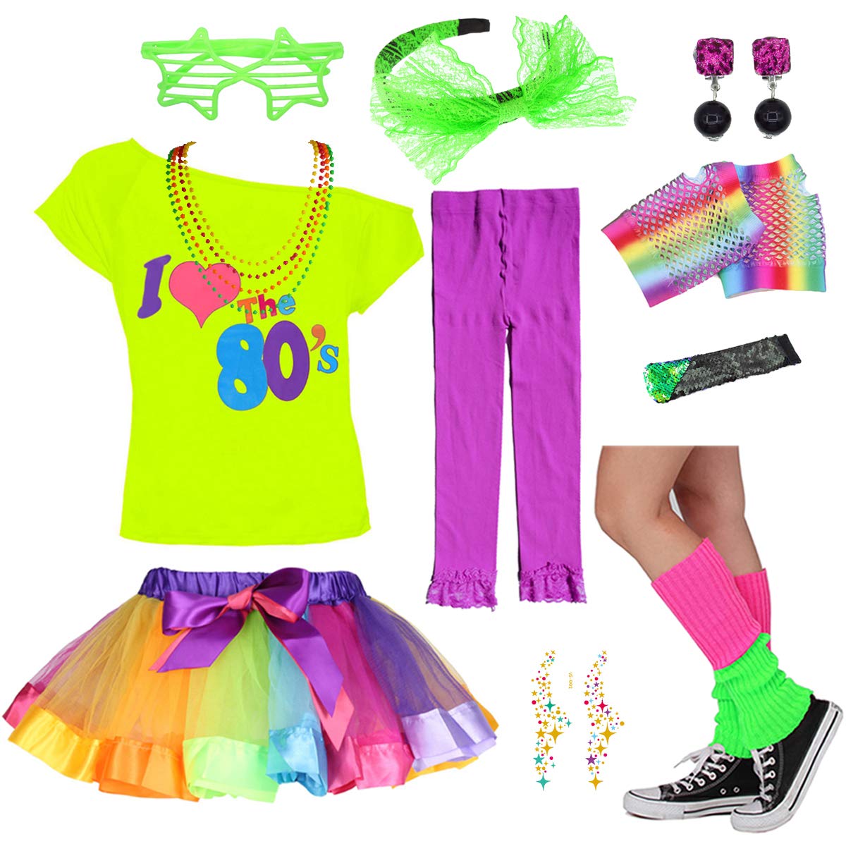I Love The 80's T-Shirt 1980s Girl Costume Fancy Outfit Accessories Set