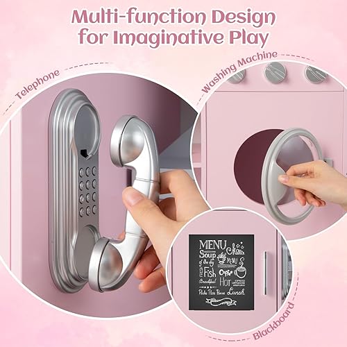 Miniatura 5 de INFANS Juego de cocina para niños, juego de cocina de madera con luz y sonido realistas, estufa, fregadero, microondas, armario de almacenamiento