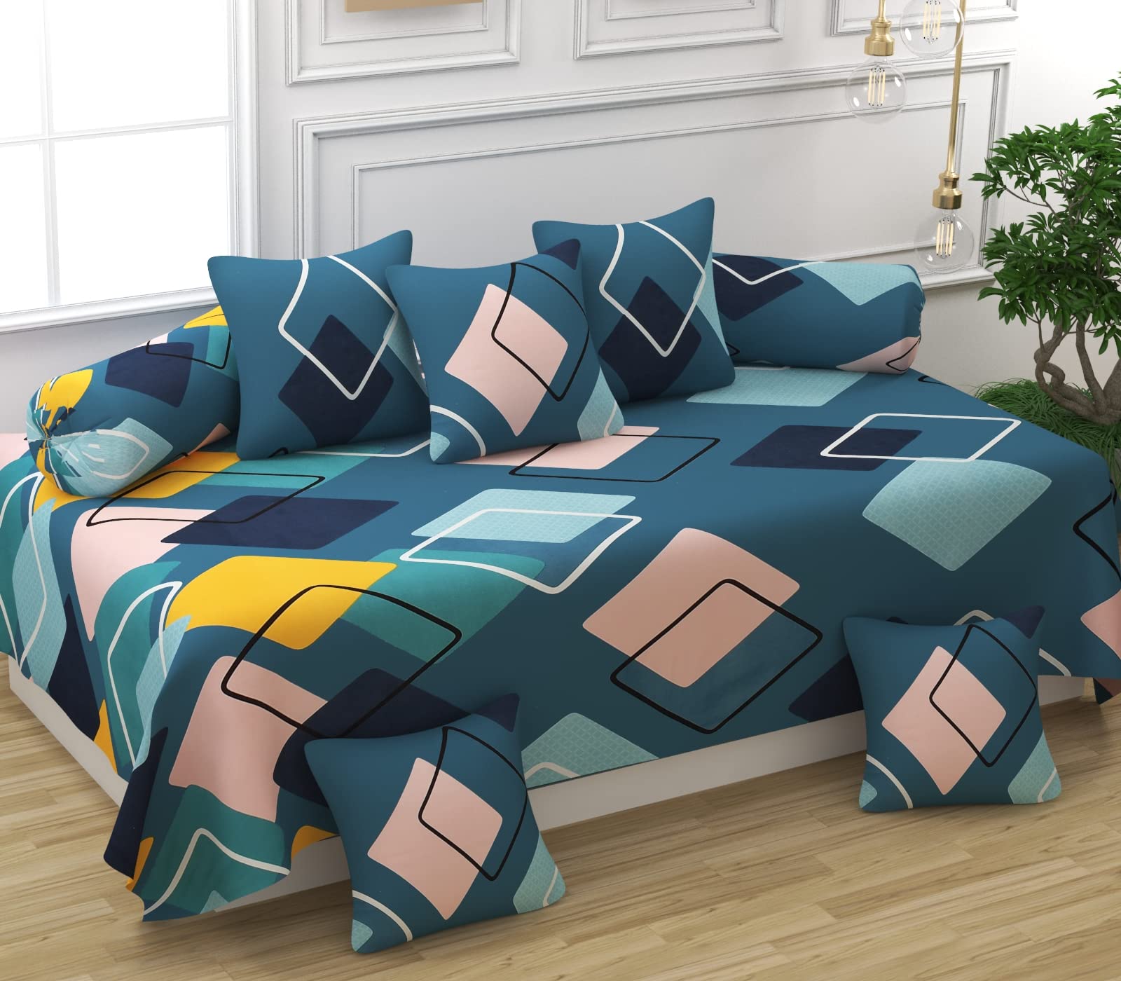 Diwan Set Covers Cotton 8 Pieces Pure Cotton Designer Printed Standard Diwan Set (1 Single Bedsheet, 2 Bolster Covers, 5 Cushion Covers) (Blue)-image-11