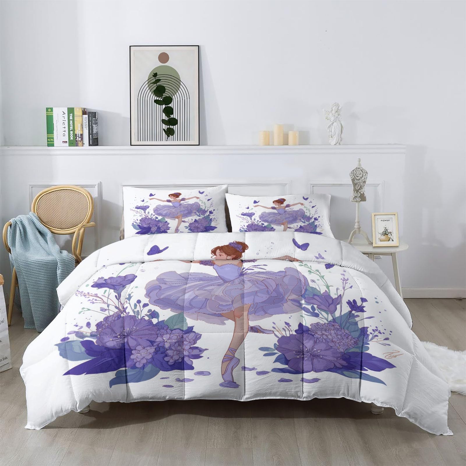 Edredón sin colchas 200 x 200 cm 4,5 tog verano lavanda soñadora silueta floral y bailarina silueta sin funda acolchada reversible colcha manta 2 fundas de almohada, colcha para niños/niños lavanda