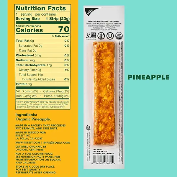 SOLELY - Organic Pineapple Fruit Jerky - 1 Individually Wrapped Strip - Fruit Leather Made from Dried Fruit - Healthy Snacks for Adults & Kids - Non GMO, Vegan Snacks - 0.8oz (23g) 2