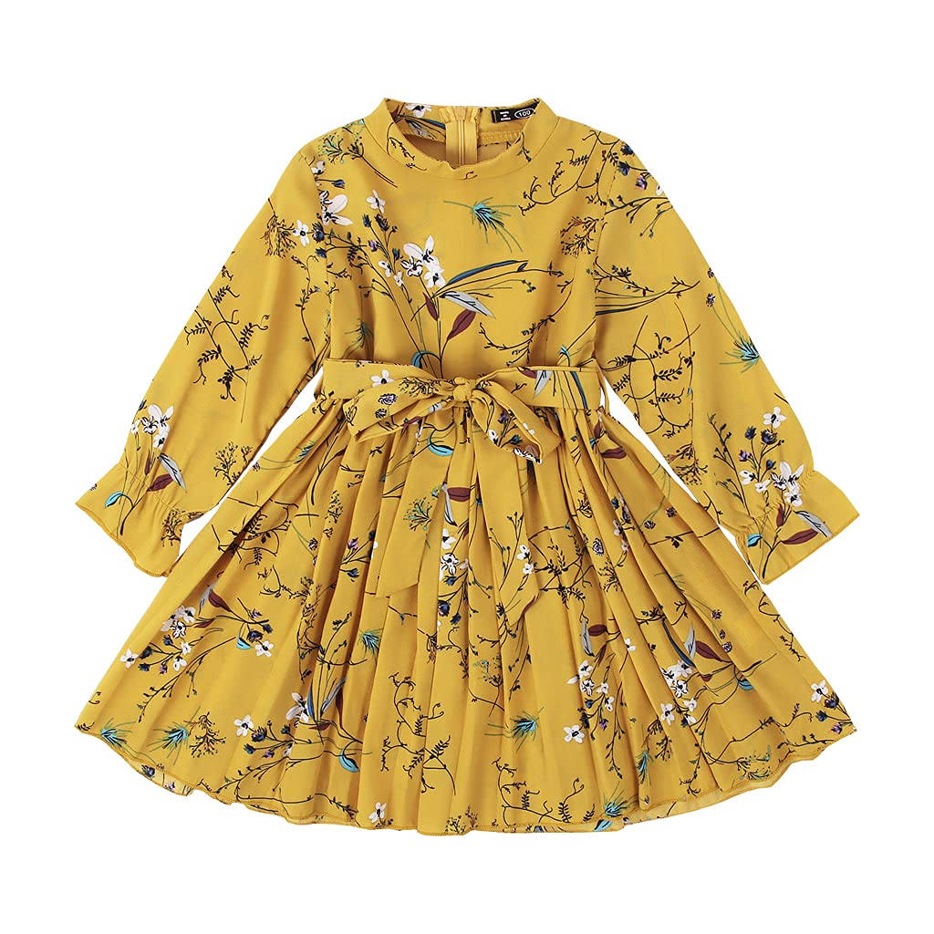 CM C&M WODROToddler Baby Girl Floral Dress Long Sleeve Mustard Yellow Dresses Flower Print Ruffle Playwear Fall Winter Dress