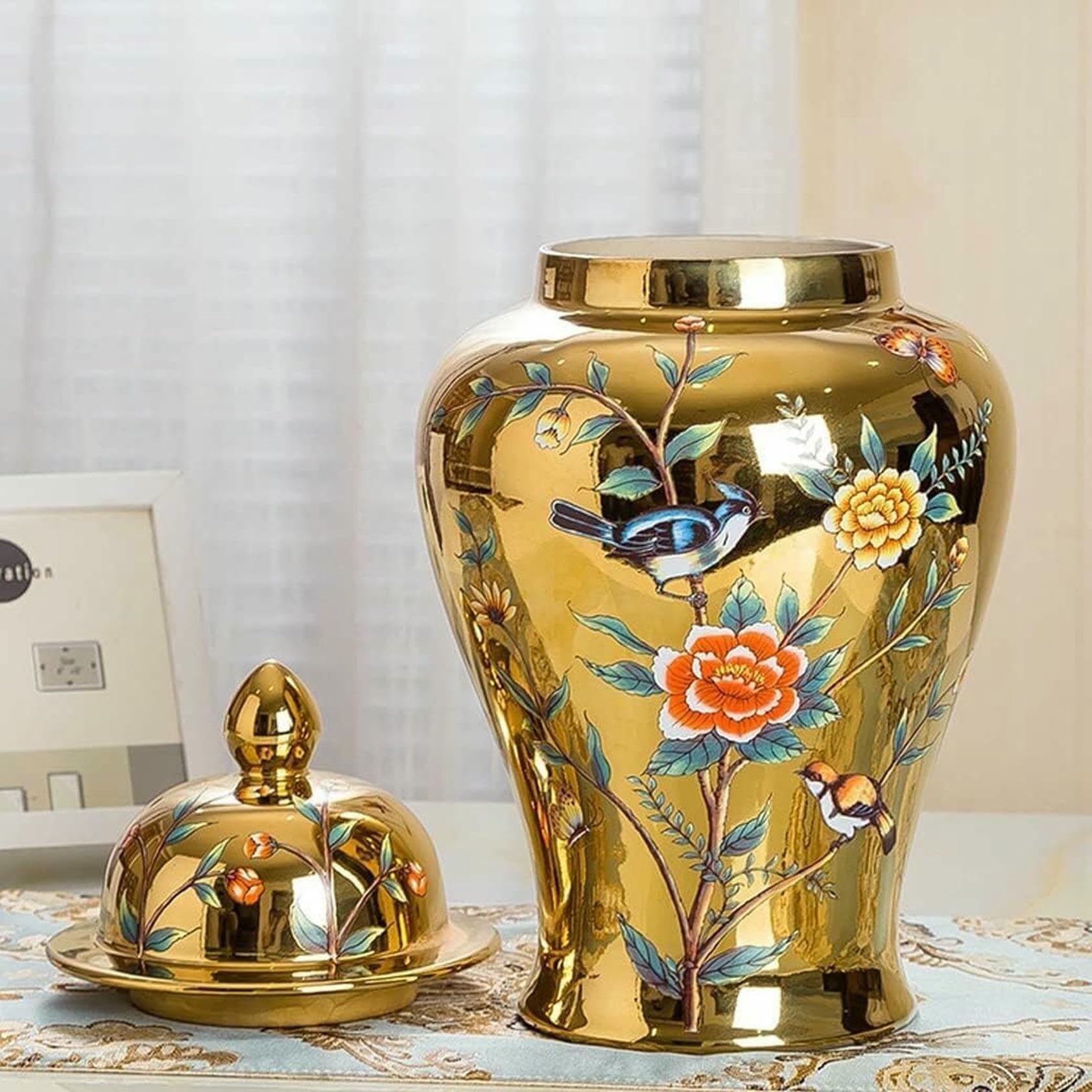 Duży słoik na imbir, złote ceramiczne wazony, słoiki na imbir z pokrywką do wystroju domu, tradycyjne wazony na suszone kwiaty, chiński dekoracyjny słoik porcelanowy,