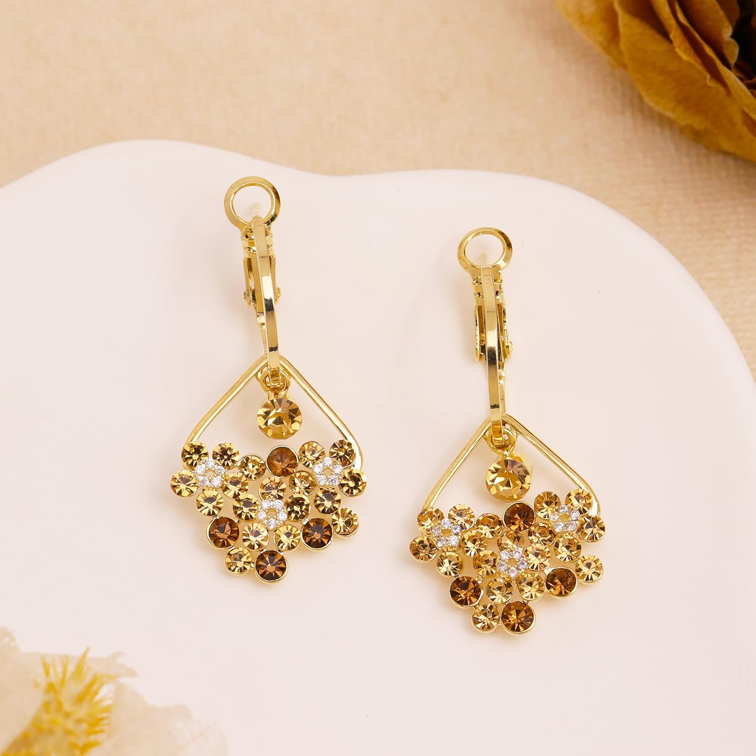 Jean Beau Gold Flower Dangle Earrings for Women Sparkly 14k Gold Plated Statement Hypoallergenic Earrings Fashion Prom Outfit Accessories Jewelry Gift - Image 7
