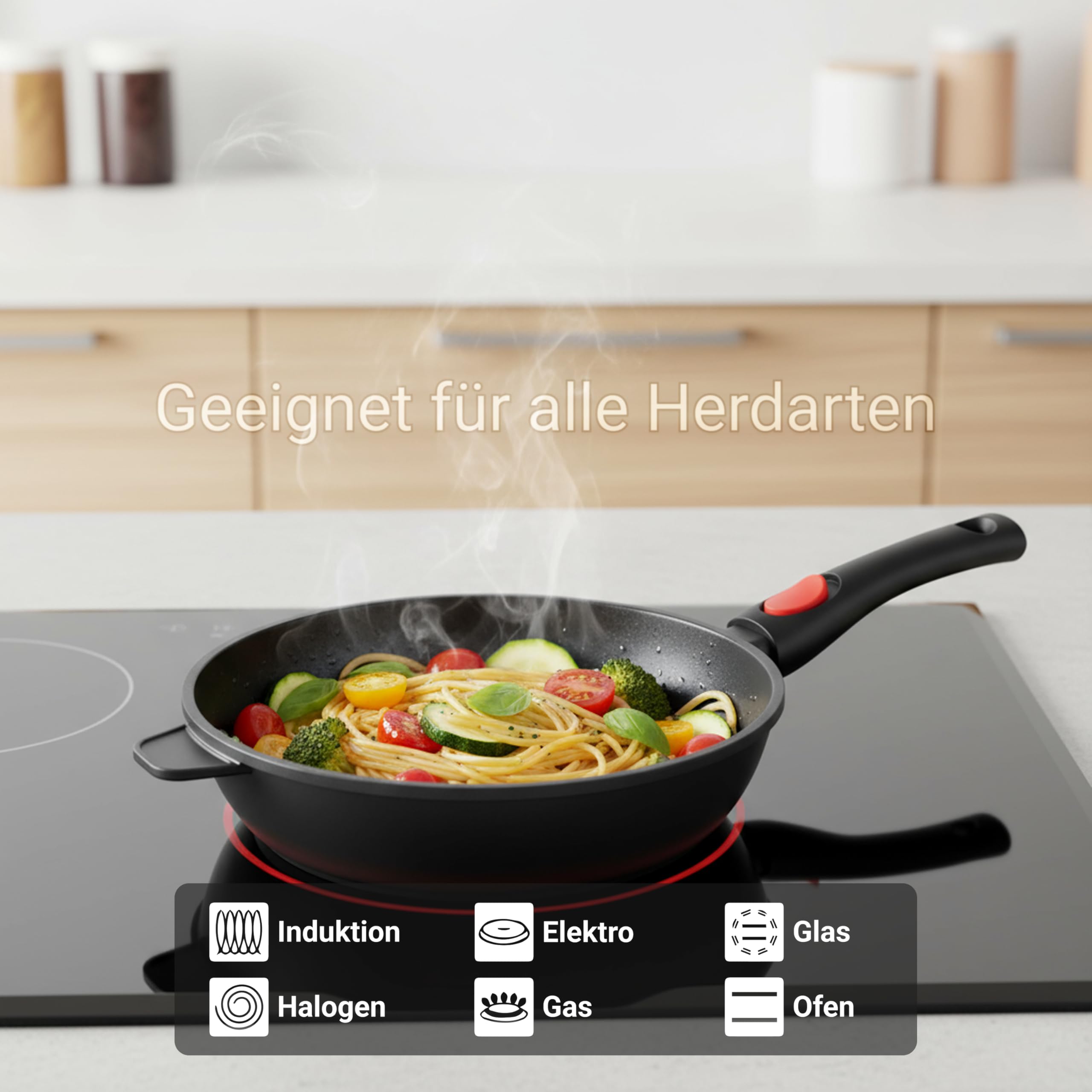 BIOL Schmorpfanne 28 cm mit Glasdeckel & hohem Rand – Antihaft Pfanne Induktion aus Aluminium, PFOA-frei, abnehmbarer Griff, für Braten & Schmoren