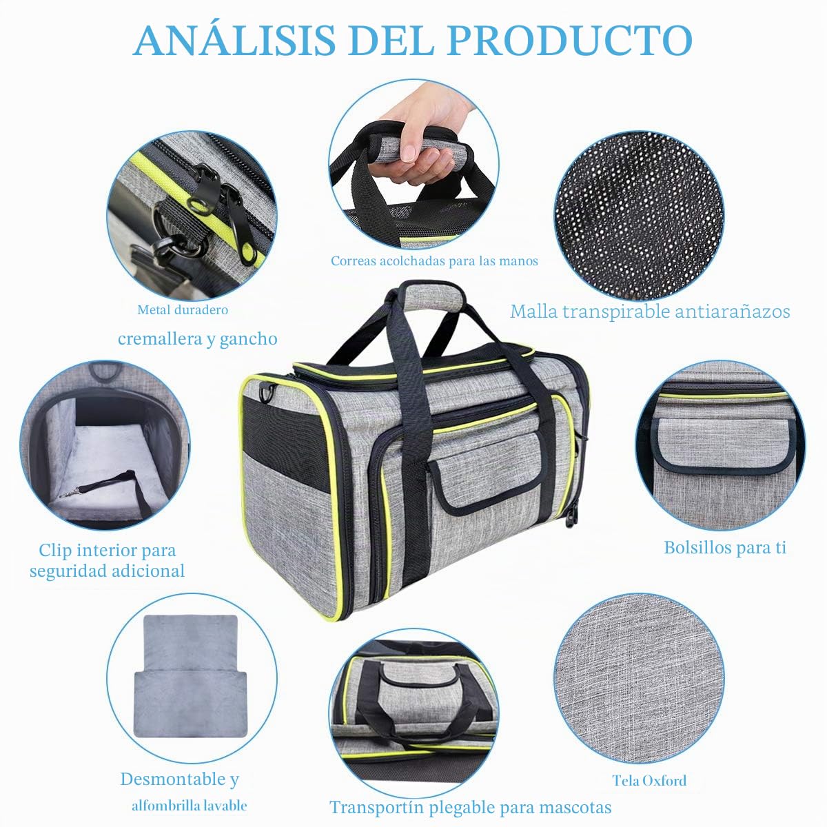 Transportbox Gato Transportbox Perro Plegable Hundetragetasche, Faltbare Katzentragetasche con Schultert, Transporttasche de Mascotas Perro y Gato en el Coche o en el avión, Gris