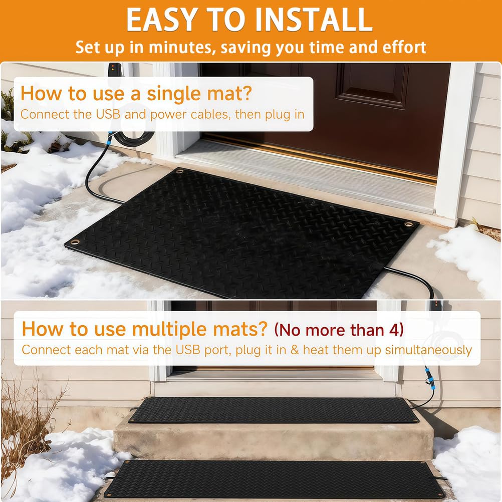 Tapis Chauffants De DéNeigement ExtéRieur, Tapis Chauffant AntidéRapant avec Cordon d'alimentation, Fait Fondre La Neige Et La Glace Jusqu'à 7,6 Cm/H