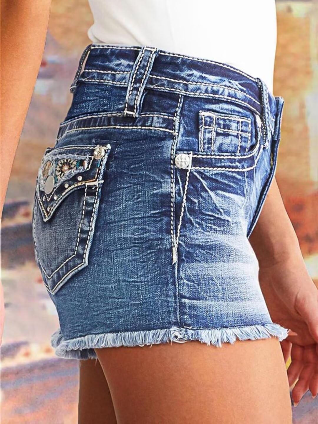 Flamingals Women's Ripped Stretchy Jean Shorts Mid Rise Skinny Denim Shorts Distressed Frayed Raw Hem Casual Summer Shorts