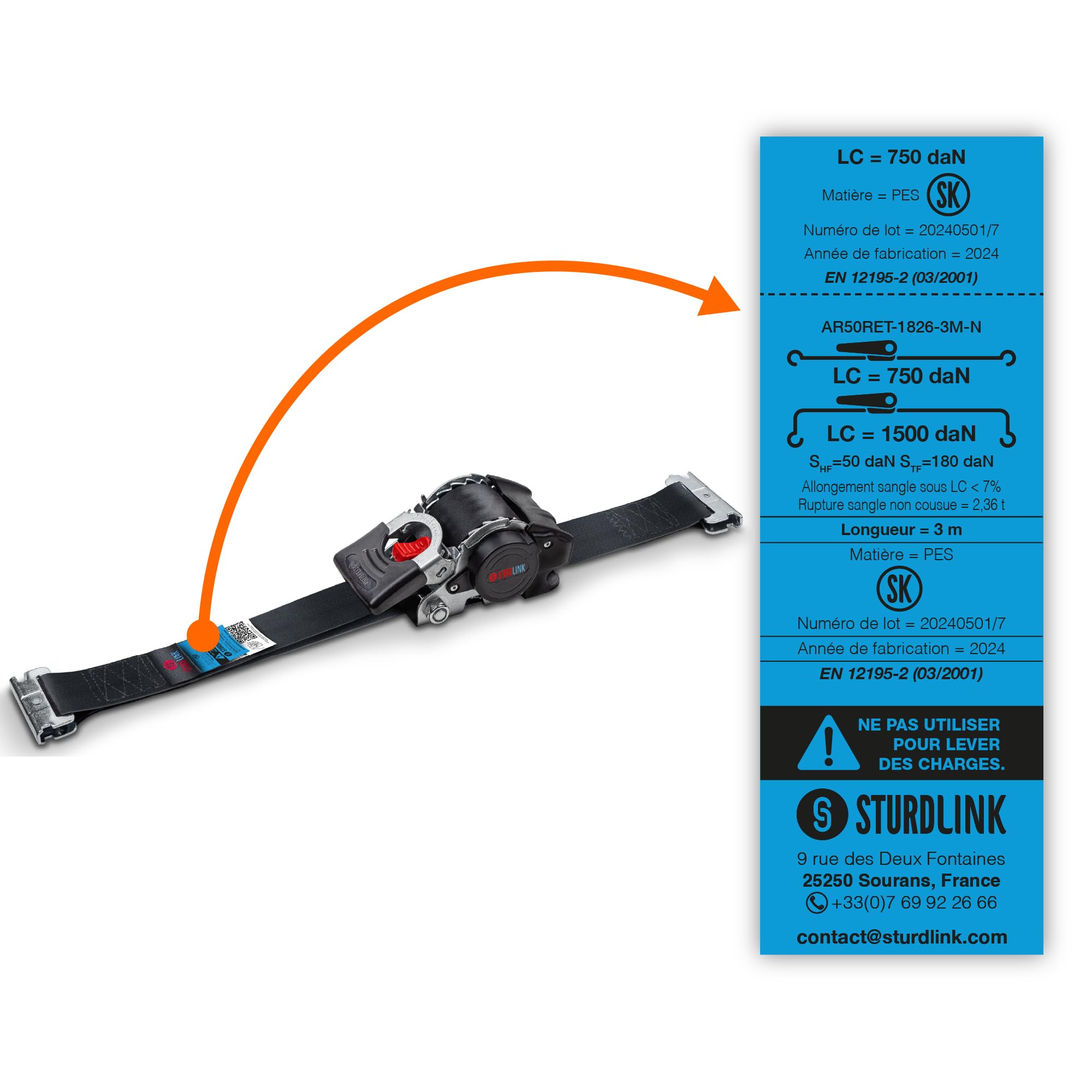 Sangles a Cliquet Automatique 3m 50mm pour Rail d'Arrimage Universel LC 750daN, 1500daN en U | Arrimage à Enrouleur Automatique de Sangle | pour Utilitaire Fourgon Camion Remorque avec Rails | Lot x2