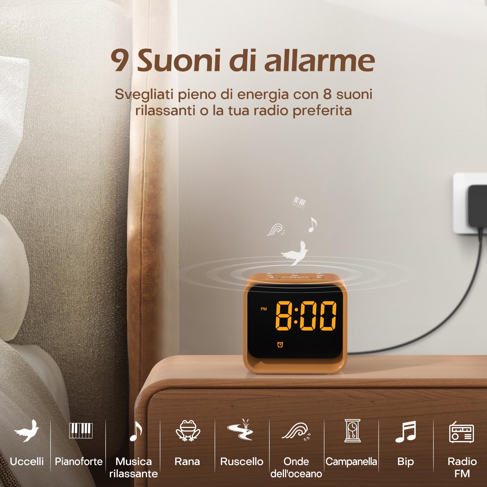 Reacher Radiosveglia Digitale FM, Macchina del Rumore Bianco, 24 Suoni Rilassanti, Display Regolabile, 7 Colori Luce Notturna, Timer, Snooze