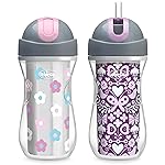Chicco Flip-Top Straw Cup 9oz | Insulated Toddler Sippy Cup with Soft Silicone Straw | No-Spill | Easy-Clean | BPA-Free | 2pk | For Ages 12+ Months | Floral/Purple Print