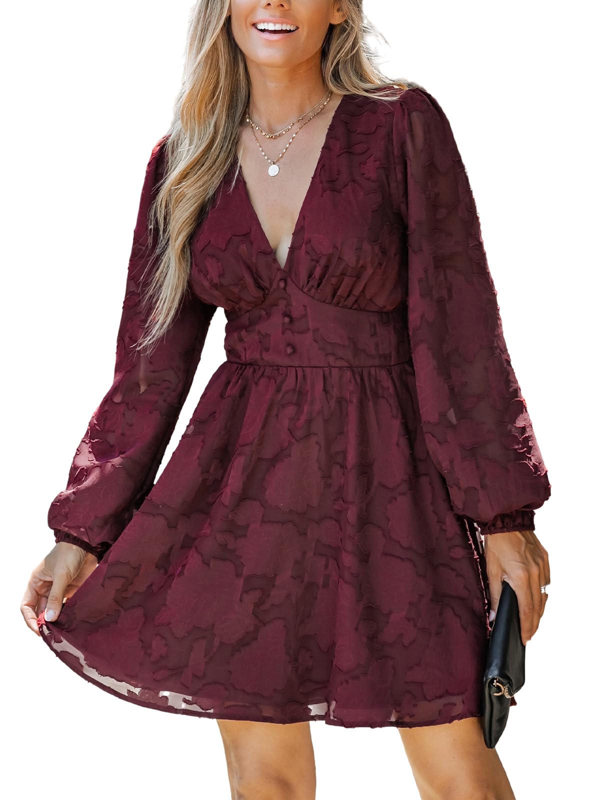 CUPSHE Vestido corto de encaje para mujer, manga larga, estampado floral, vestido acampanado para fiesta