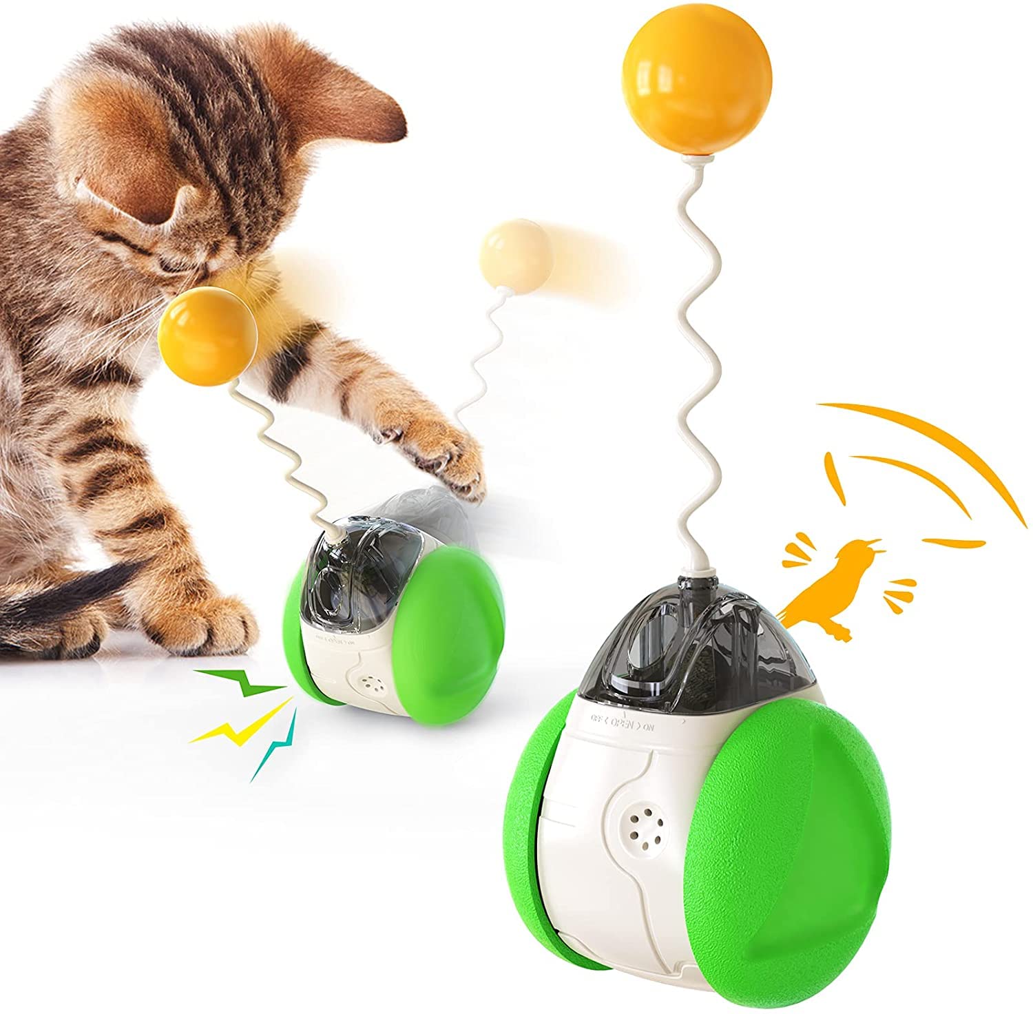Interactive Cat Catnip Toys, Funny Tumbler Swing Toy, with Catnip Ball, Bird Sound, Balance Car 360 Degree Self Rotating, Squeaky Cat Stick Chasing Toys, for Cat Indoor Entertaining Training Catch
