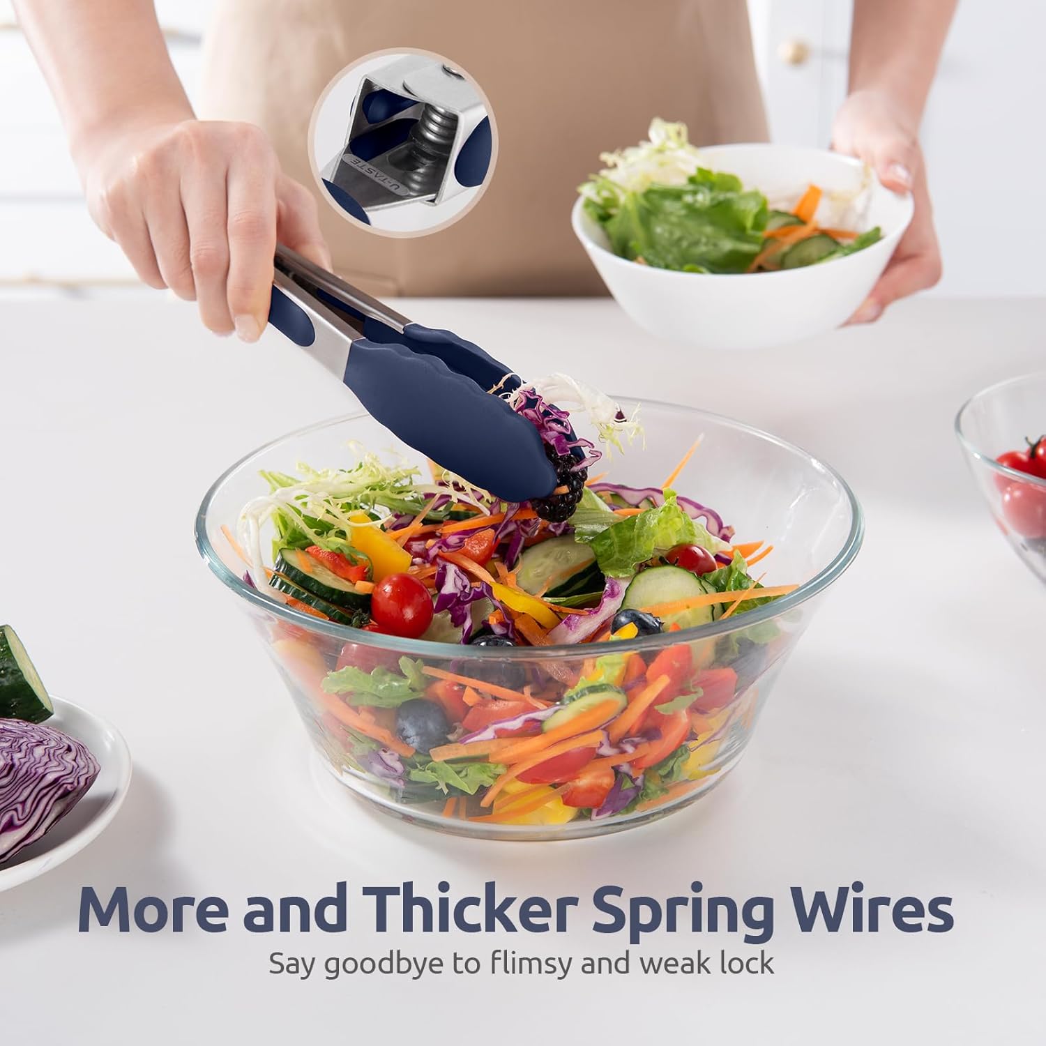 600ºF Heat Proof Kitchen Tong: U-Taste 7 Silicone Cooking Tong with Firm Sealed Non Stick Rubber Tips & Silicon Coated 18/8 Stainless Steel Handle & Smooth Locking for Serving Salad (Midnight Blue)