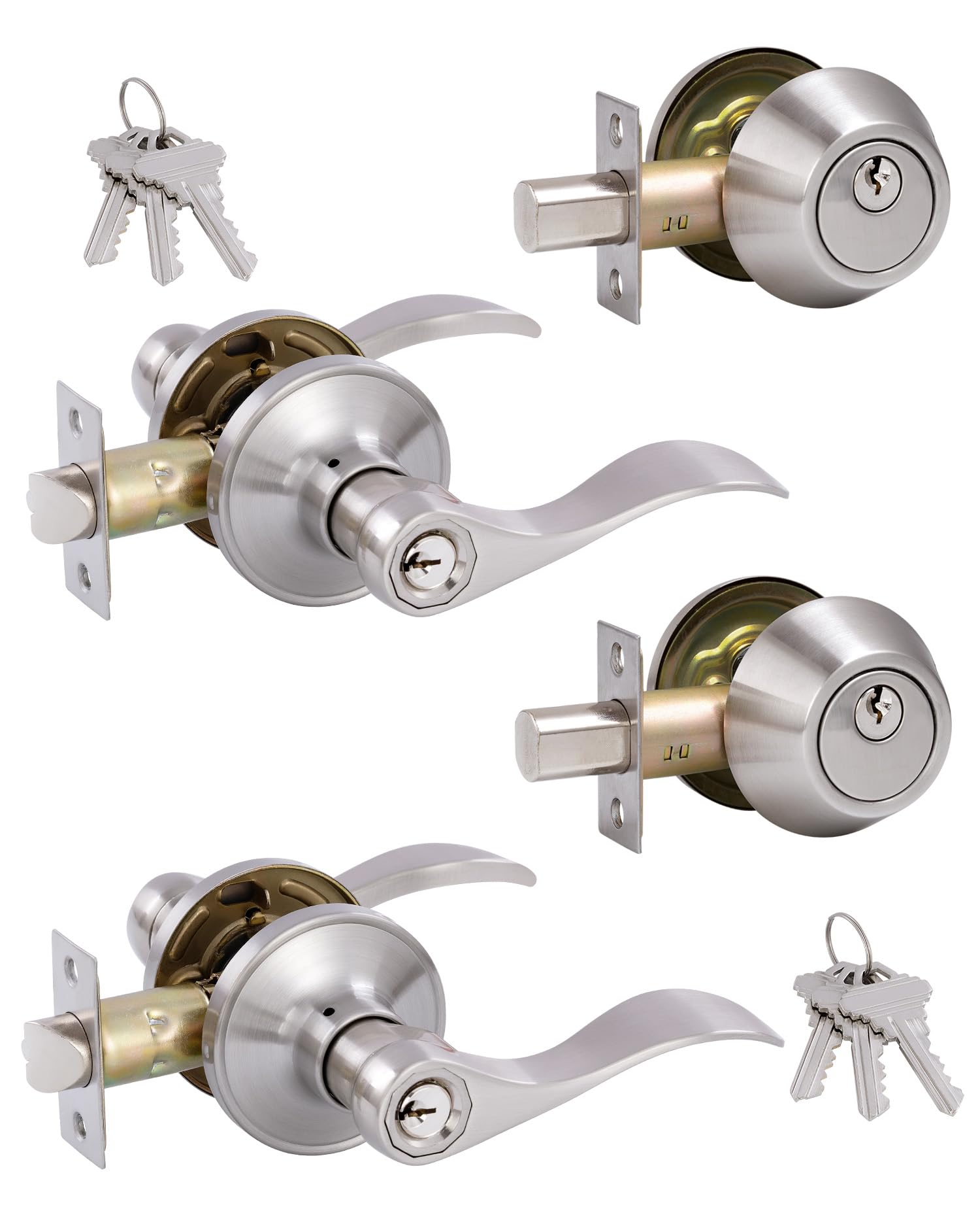 Sponsored Ad - (2 Pack) Keyed Alike Front Door Lever Lockset with Single Cylinder Deadbolt Combination Set， Wave Style Lever, Front Door/Exterior Door Knob with Lock and Deadbolt， Satin Nickel Finished