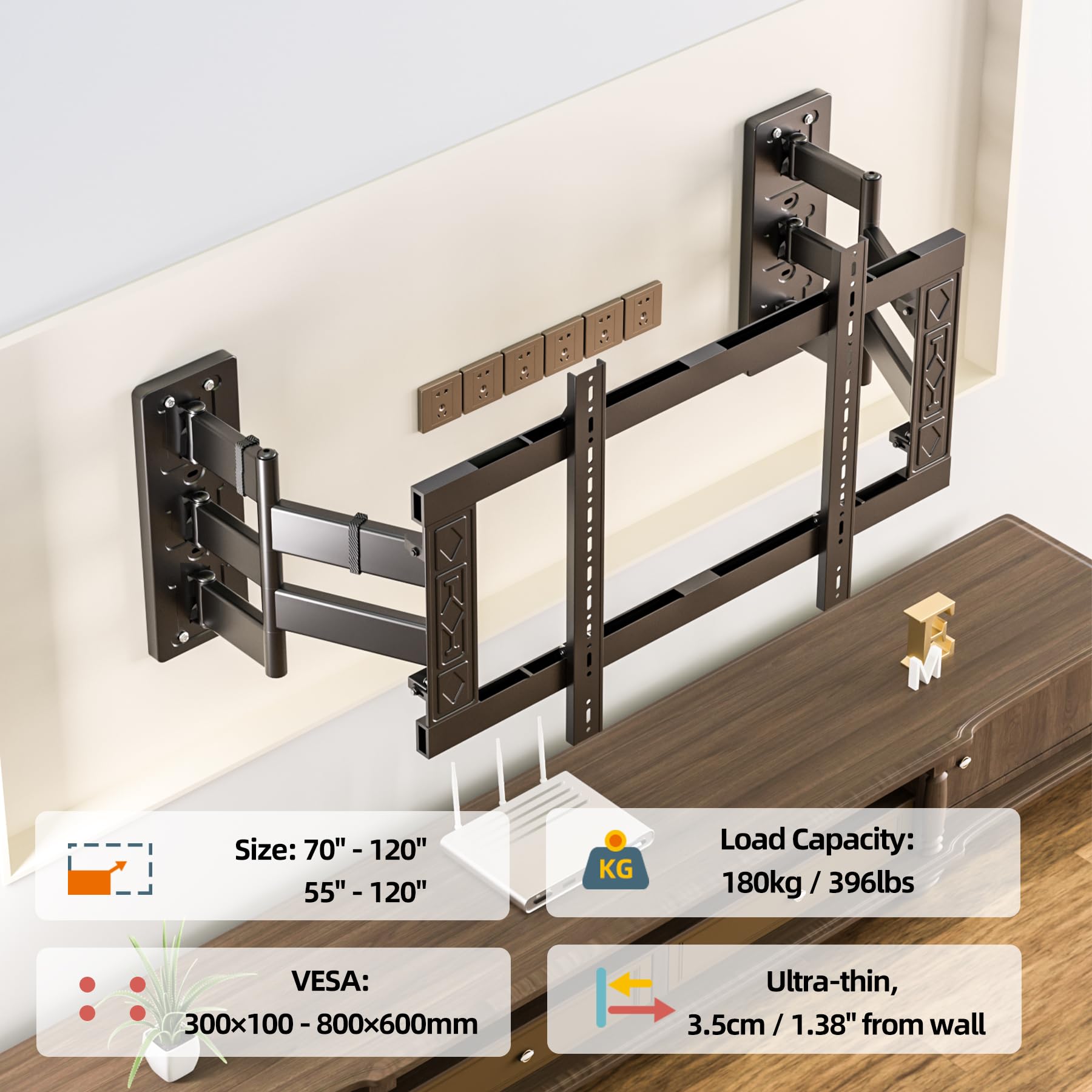 10 Armen TV Wandhalterung Schwenkbar bis 180 kg, Neigbar Ausfahren Wandhalterung für 70-120 Zoll TVs, Vollbeweglich mit geteilter Wandplatte, VESA 800x600 mm