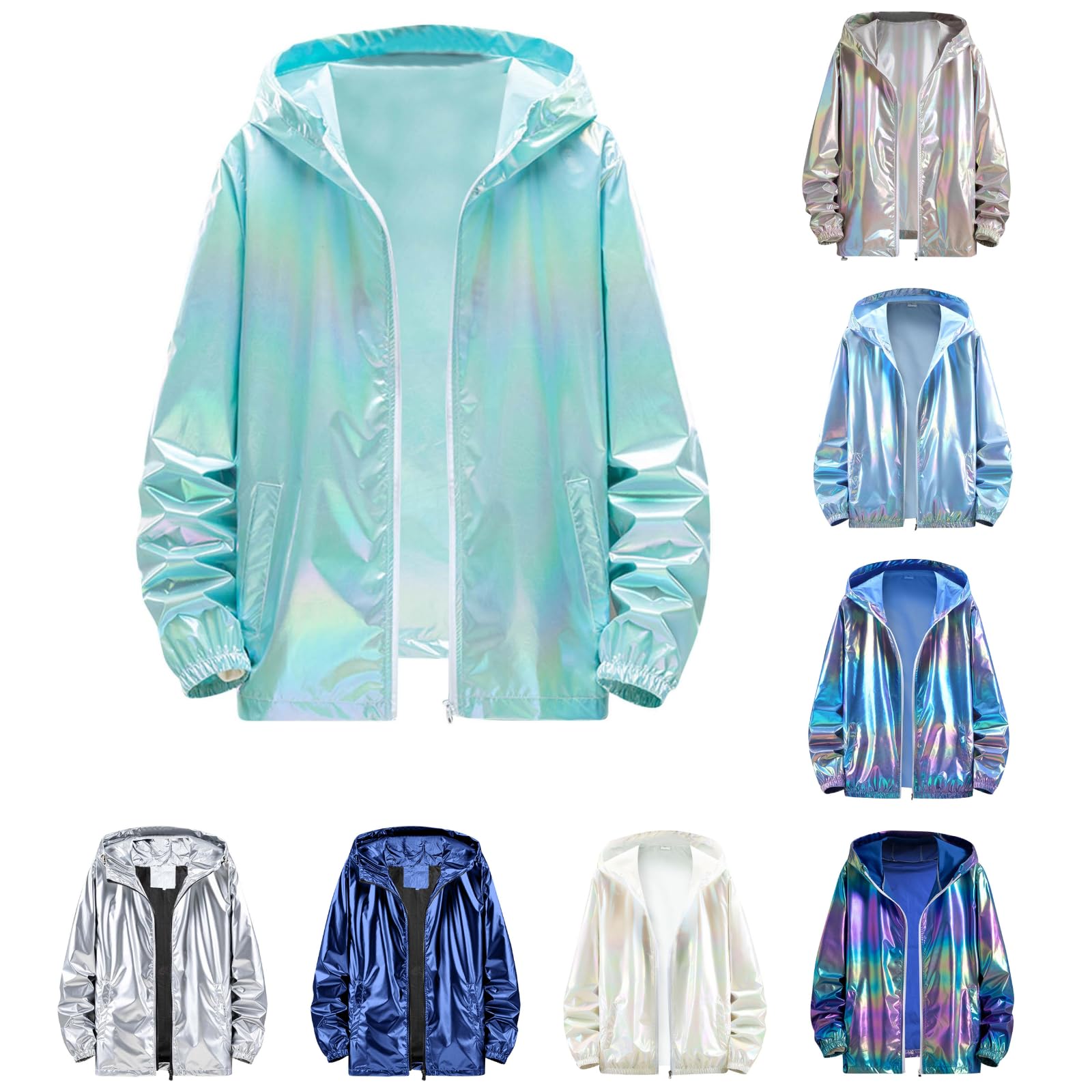 Silver Metallic Glitter Jacket Men Women Carnival Costume 80s 90s Disco Bomber Jacket with Hood Zip Sequins Vintage Sports Jacket Wind Jacket Long Sleeve Coat Winter Jacket Streetwear, Light Blue #1