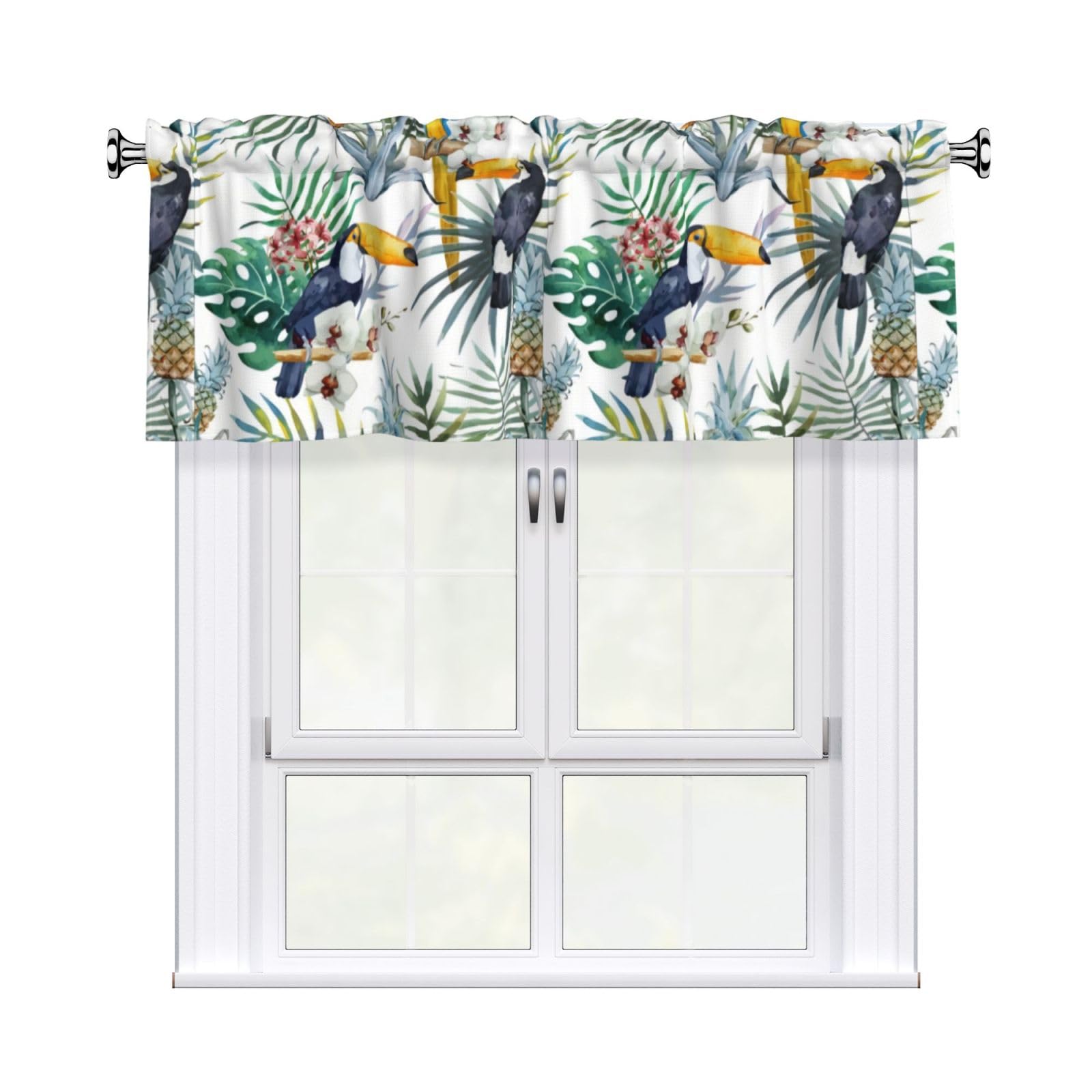 HJFCZH Tropical Leaves Bird Prints Curtain Valance 54x18in - Peach Skin Kitchen Window Layer, Filtered Light & Quick-Install Rod Pocket Cover