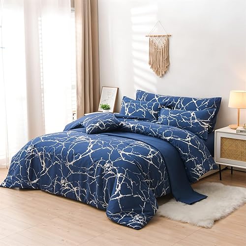 Miniatura 2 de Aimuan Juego de edredón de mármol metálico azul plateado tamaño Queen de 7 piezas, juego de ropa de cama con estampado de lámina con purpurina con 2