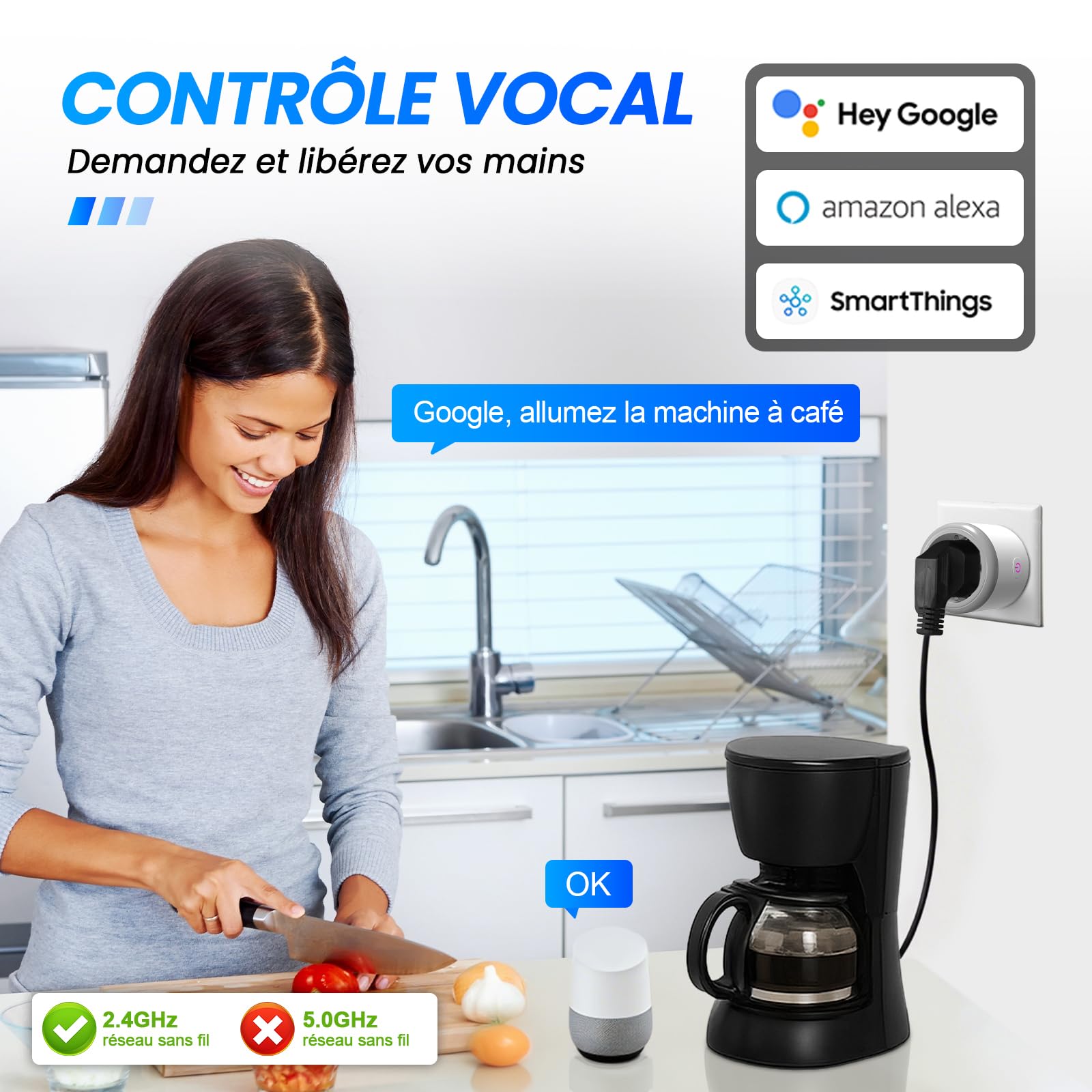 Prise Connectée (Type F) 16A WiFi Intelligente avec Suivi de consommation Télécommande Commande Vocale Fonction de Temps 2,4 GHz Prise Intelligente Compatible avec Alexa et Google Home