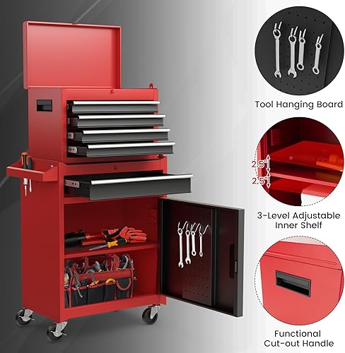 Miniatura 37 de Goplus Cofre de herramientas con ruedas de 5 cajones, caja de almacenamiento de herramientas, gabinete de herramientas extraíble, organizador