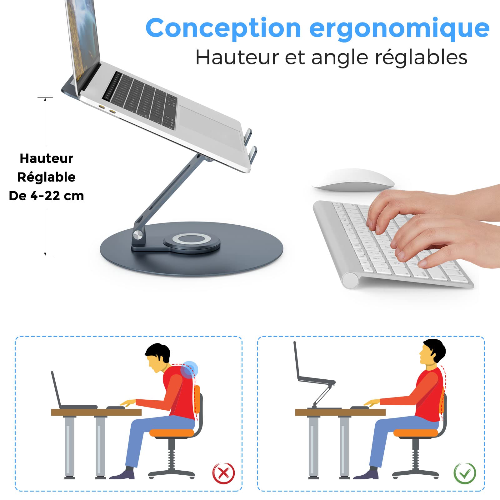 Support Ordinateur Portable avec Base Rotative à 360°, Laptop Stand Pliable en Aluminium Réglable en Hauteur pour le Travail, Rehausseur Ergonomique de PC Portable(10-17") Macbook/Lenovo/HP, Gris