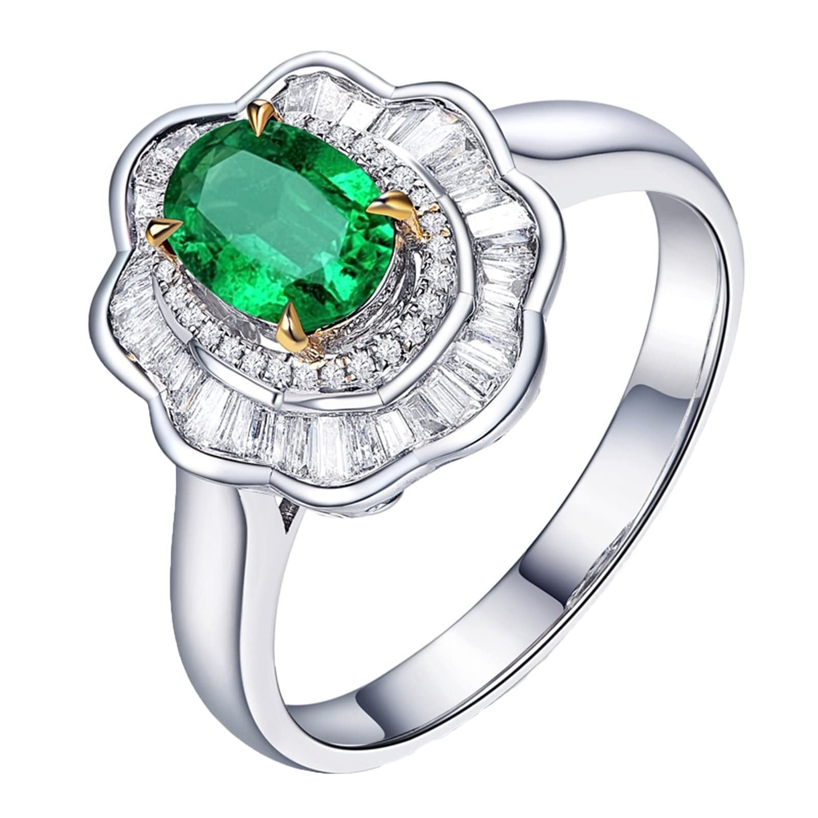 18K Oro Blanco 750 Anillo Pareja, 1.6 Quilates Esmeralda Anillos Mujer Finos Plata, Flor Anillos Compromiso Mujer Joyas de Boda Talla 6,75-25