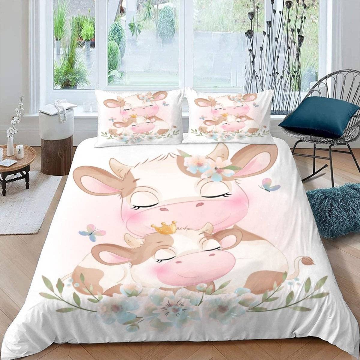RFFLUX 3D Cows Single Duvet Cover Set 3 Pieces 135x200 Soft Microfiber Kawaii Animal Cow Quilt Cover with Zipper Closure Easy Care Bedding Set with 2 Pillowcase for Kids Boys Girls Teens — image 1