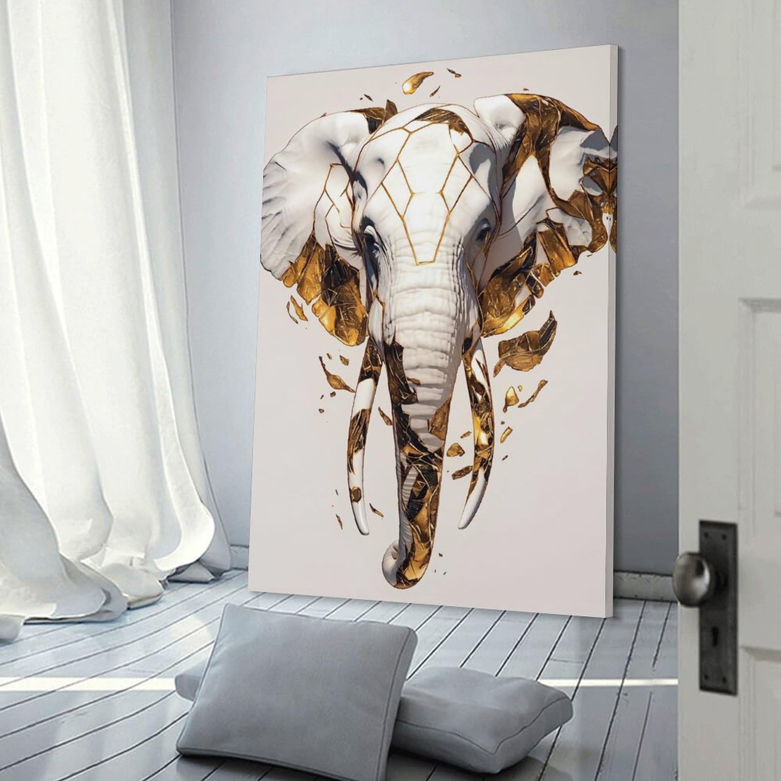 Junmoney Frame-Style-23 Abstract Golden Elephant Sculpture Wall Picture Print 16X24inch(40X60cm), For Home Office, Desk Area Or Studio, Home Office Artwork With Decorative Appeal