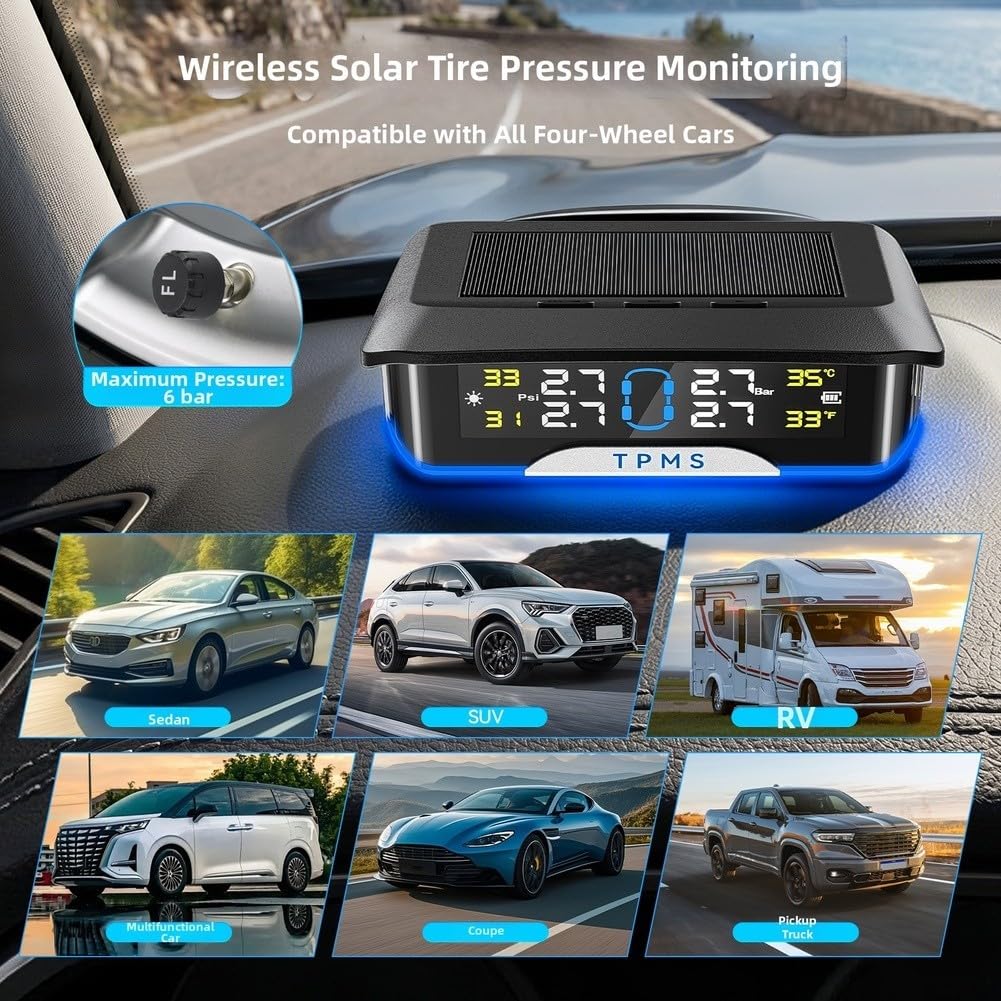 Monitor Presión Neumáticos Solar para tpms Inalámbrico Coche(Built-in)
