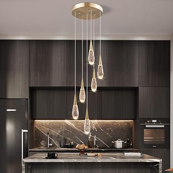 Crystal Staircase Raindrop Chandeliers for High Ceiling Dimmable | Modern Large Pendant Bubble Long 3-way Remote Control Lighting Fixture for Entryway Foyer Living Room Gold 6-Light